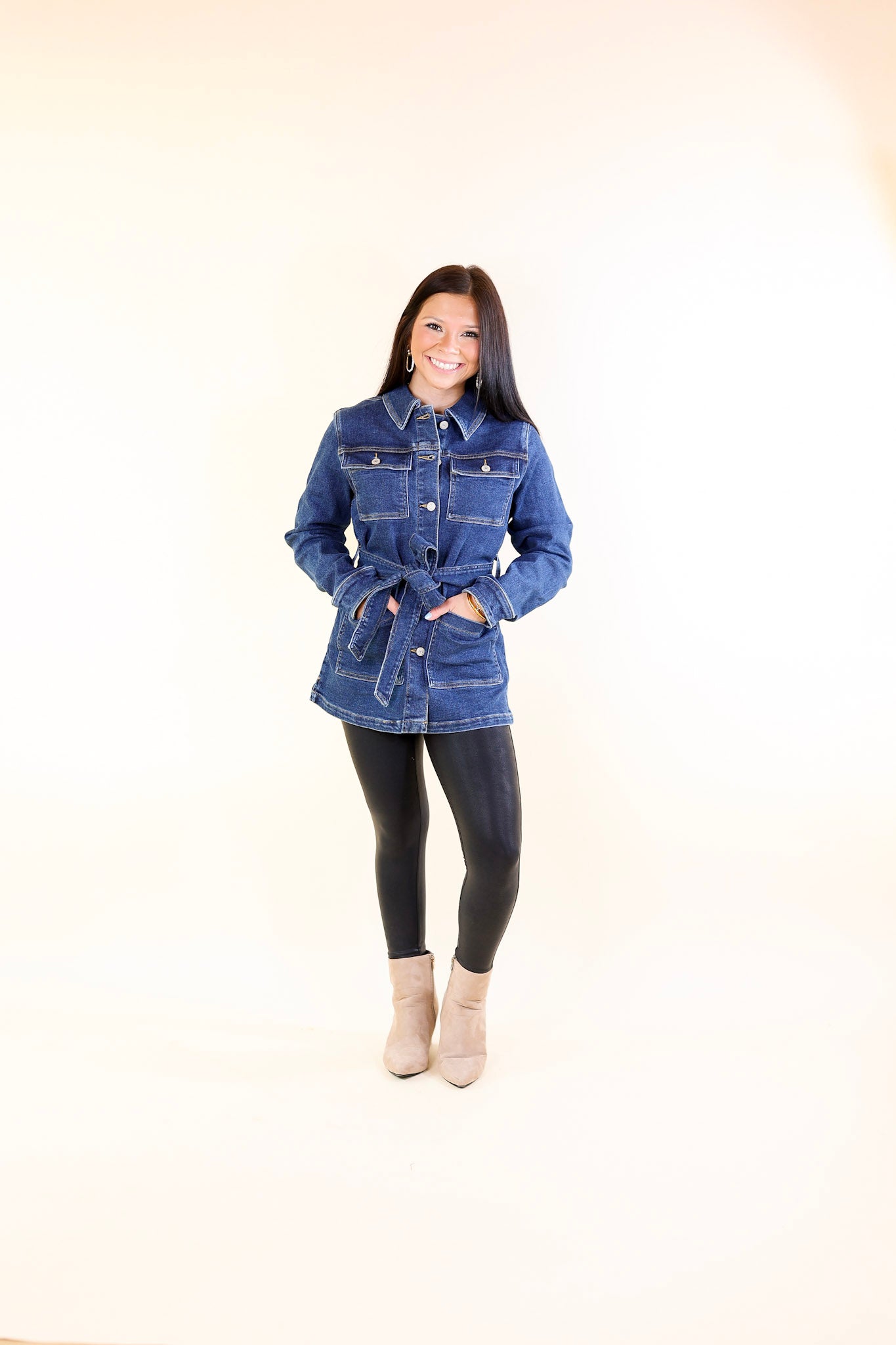 Judy Blue | Tied Together Mid Length Denim Utility Jacket in Dark Wash