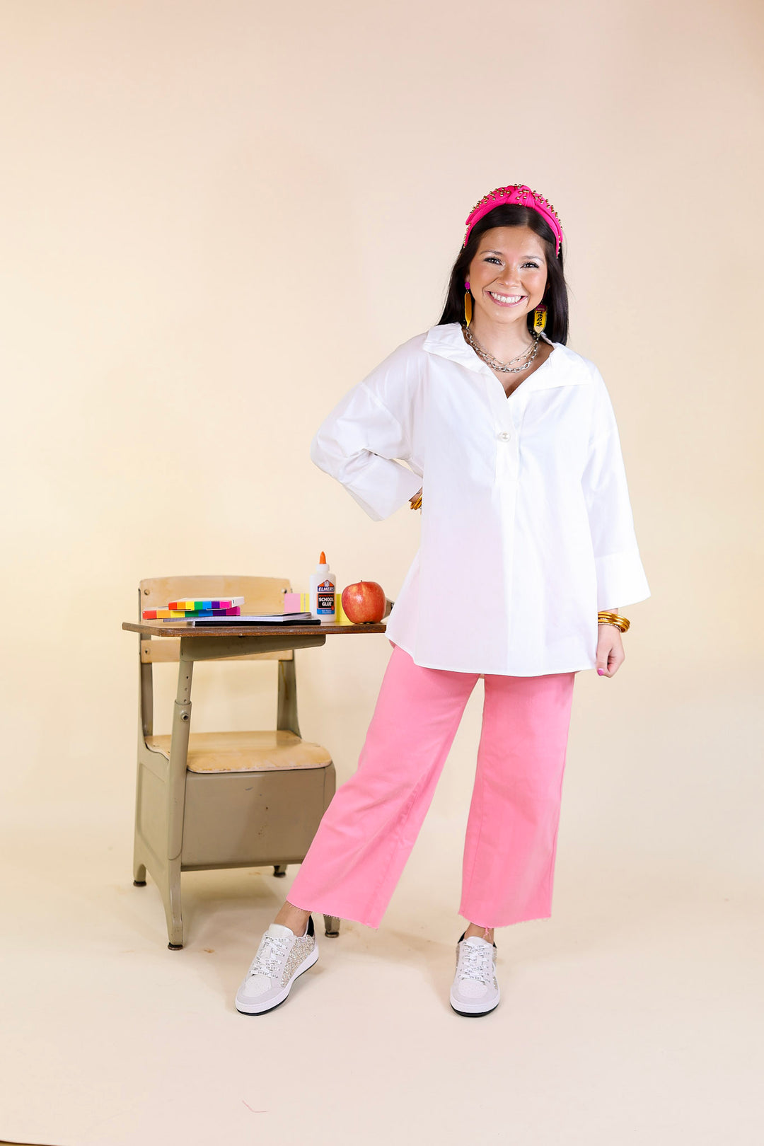 Coastal Breeze Collared Top with Pearl Buttons in White