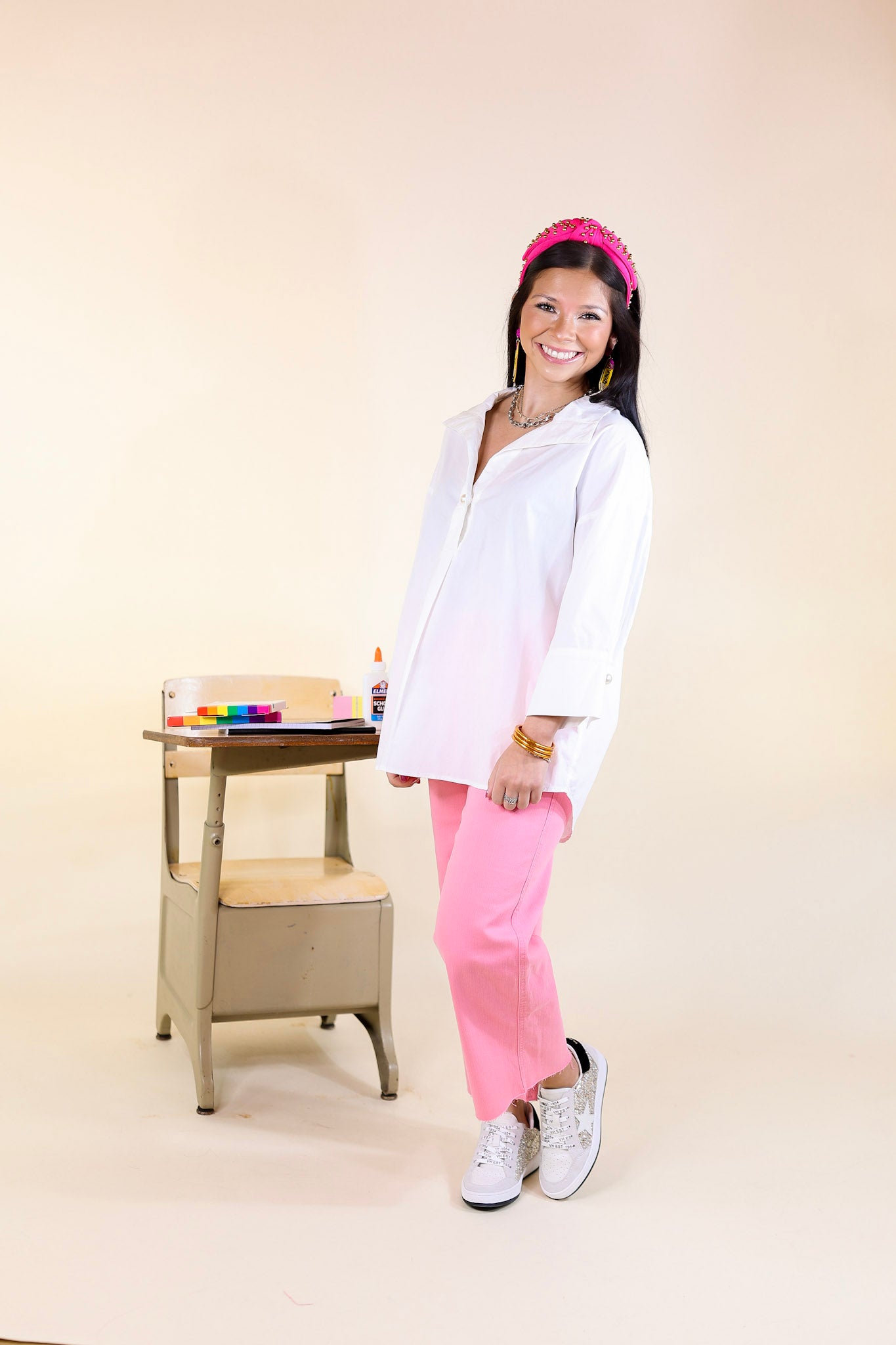 Coastal Breeze Collared Top with Pearl Buttons in White