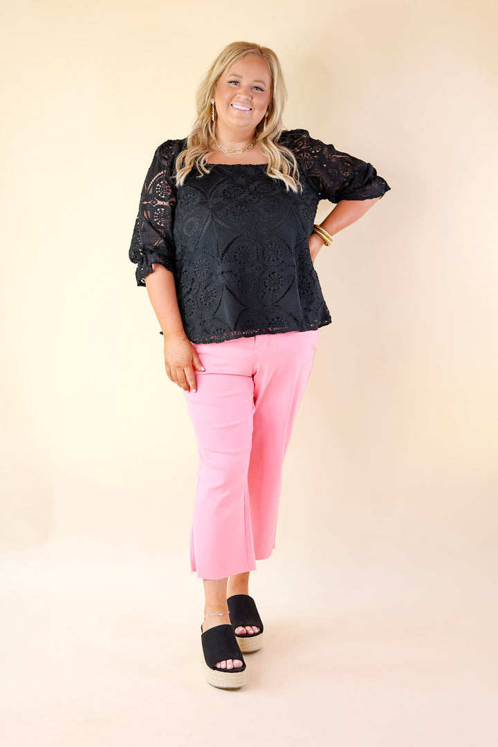 Sweet Talker 3/4 Sleeve Crocheted Top with Square Neckline in Black - Giddy Up Glamour Boutique