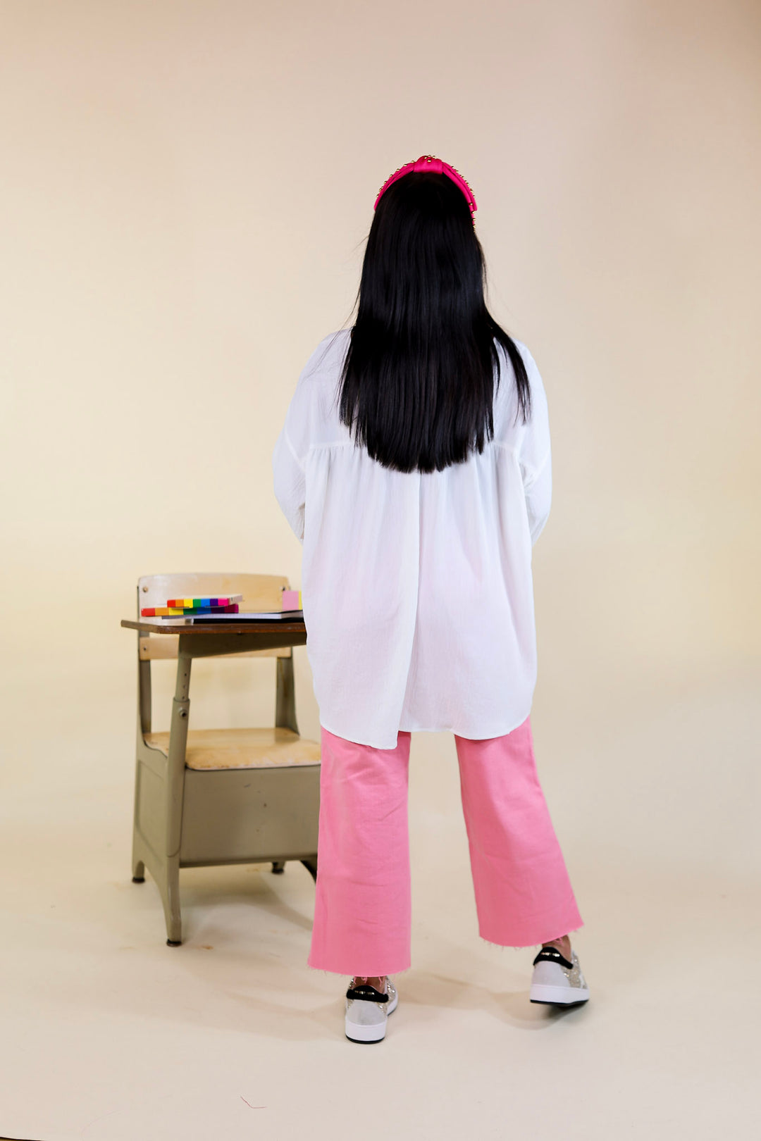 Last Chance Size Small & 3XL | Office Feels Long Sleeve V Neck Babydoll Top in Ivory