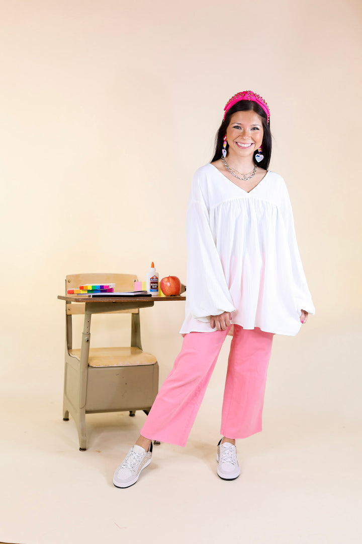 Last Chance Size Small & 3XL | Office Feels Long Sleeve V Neck Babydoll Top in Ivory