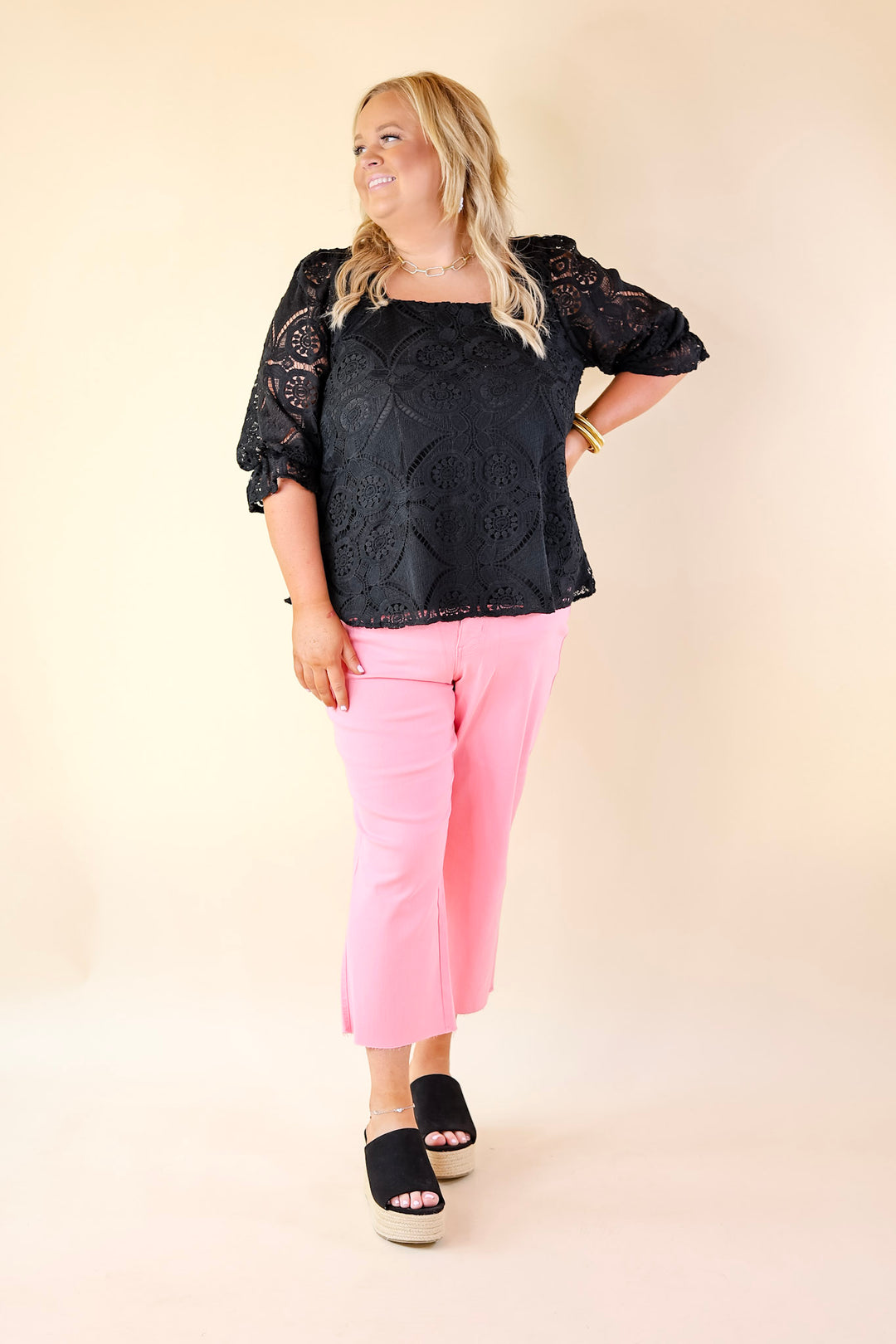 Sweet Talker 3/4 Sleeve Crocheted Top with Square Neckline in Black - Giddy Up Glamour Boutique