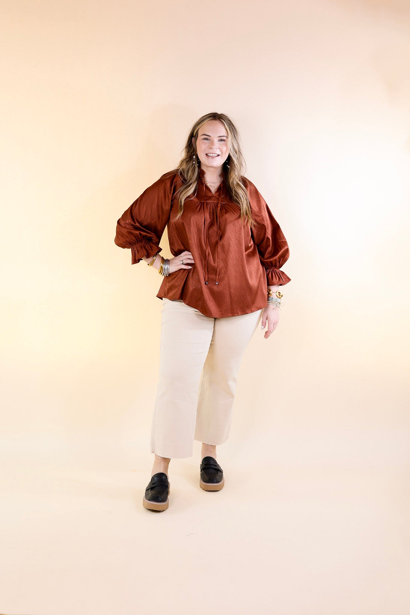 Sunset Situation Front Tie Keyhole Blouse in Rust Orange