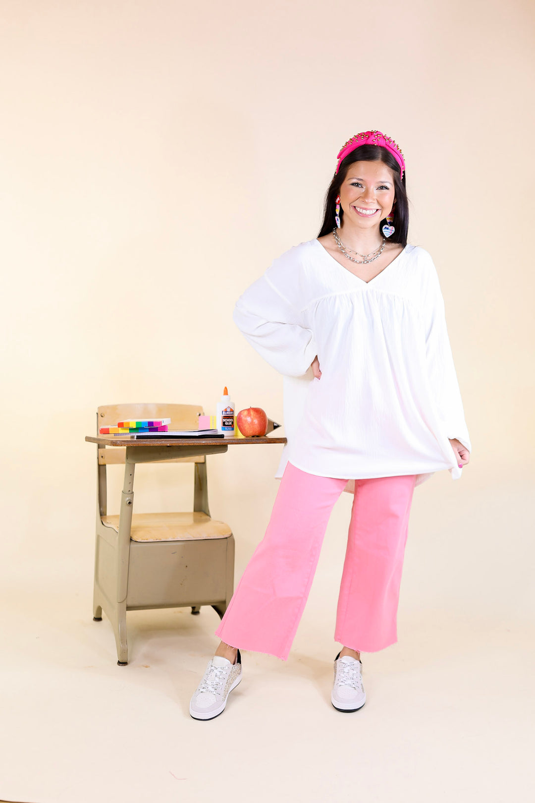 Last Chance Size Small & 3XL | Office Feels Long Sleeve V Neck Babydoll Top in Ivory