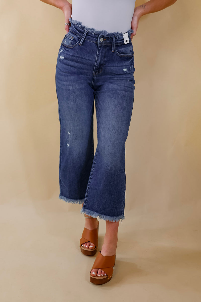 Judy Blue | Find A Way Cropped Straight Leg Jeans with Frayed Waistband in Medium Wash