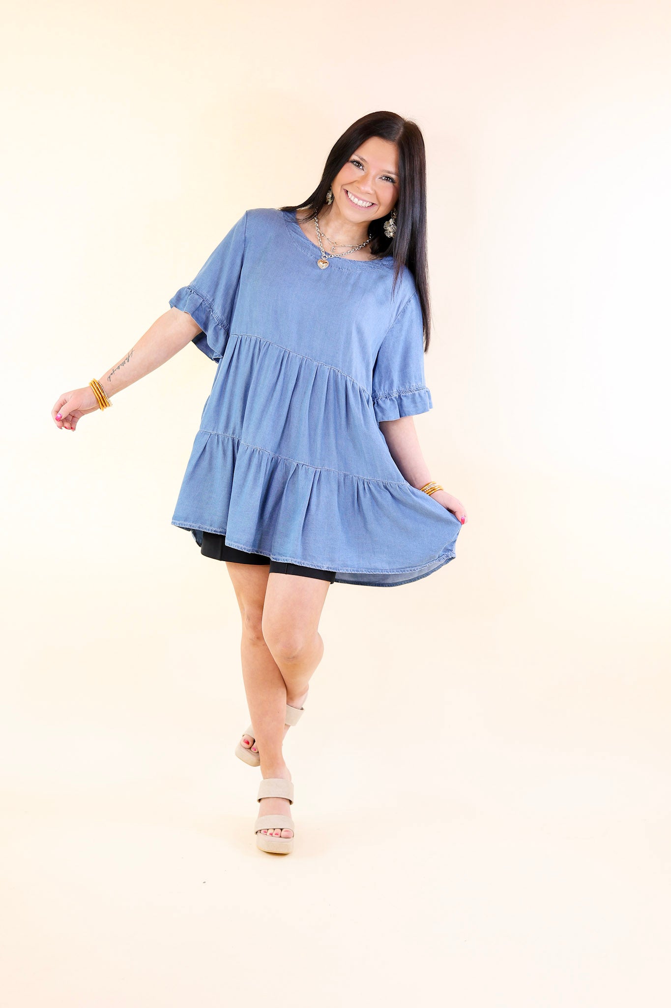 Path To Happiness Denim Tiered Top with Short Sleeves in Medium Wash
