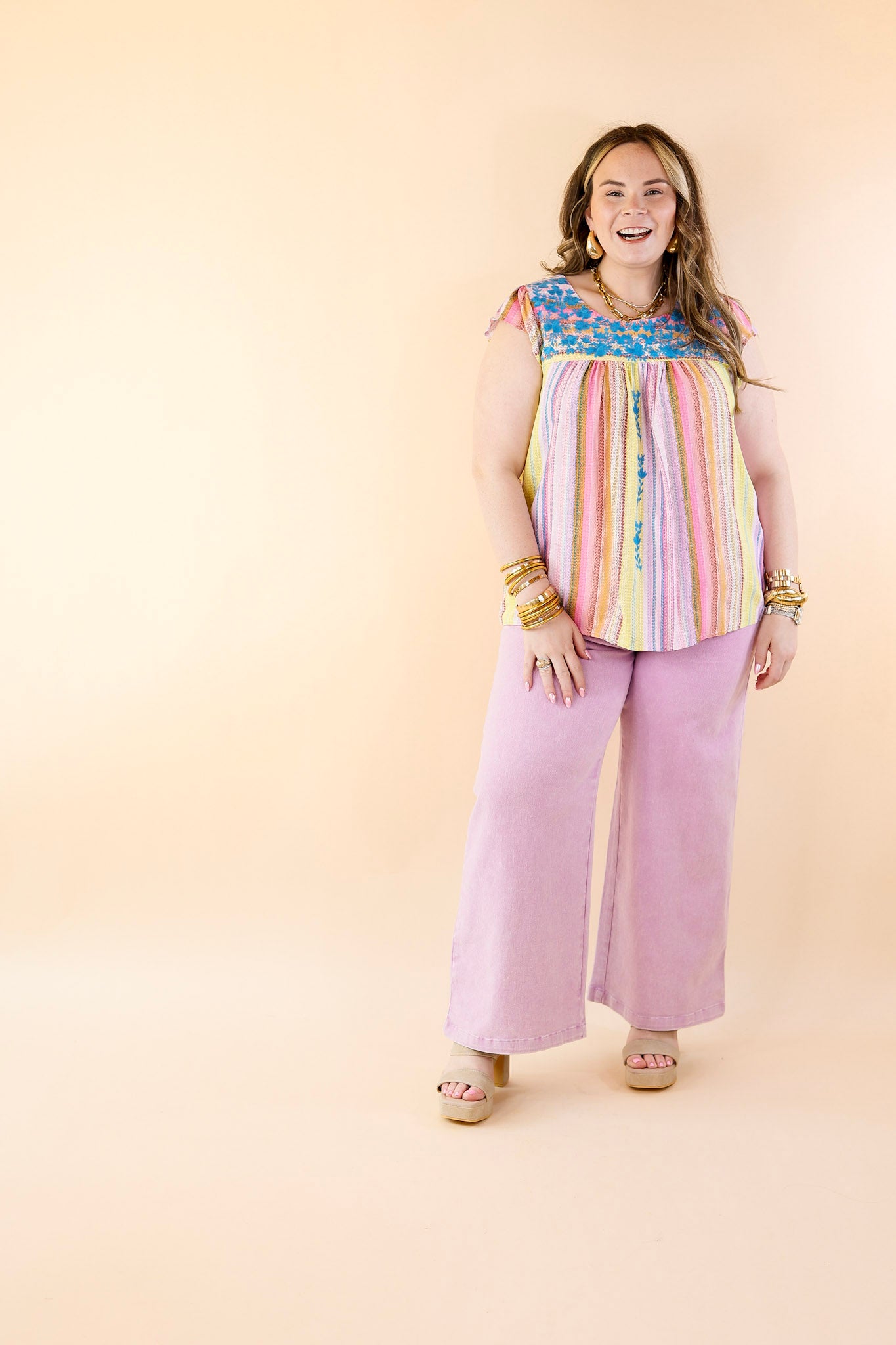 Grab My Hand Serape Ruffle Cap Sleeve Top with Floral Embroidery in Pink Mix - Giddy Up Glamour Boutique
