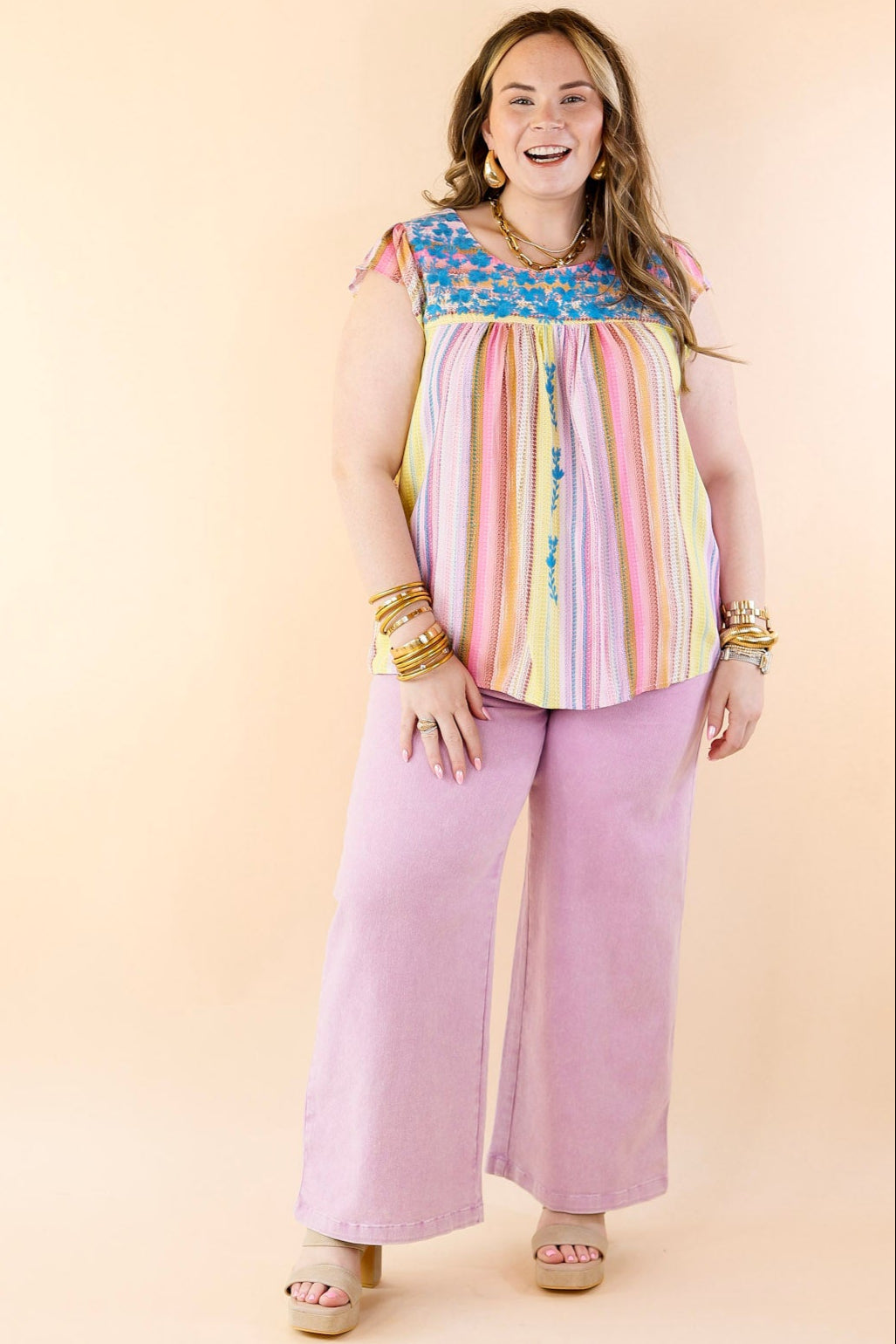 Grab My Hand Serape Ruffle Cap Sleeve Top with Floral Embroidery in Pink Mix - Giddy Up Glamour Boutique