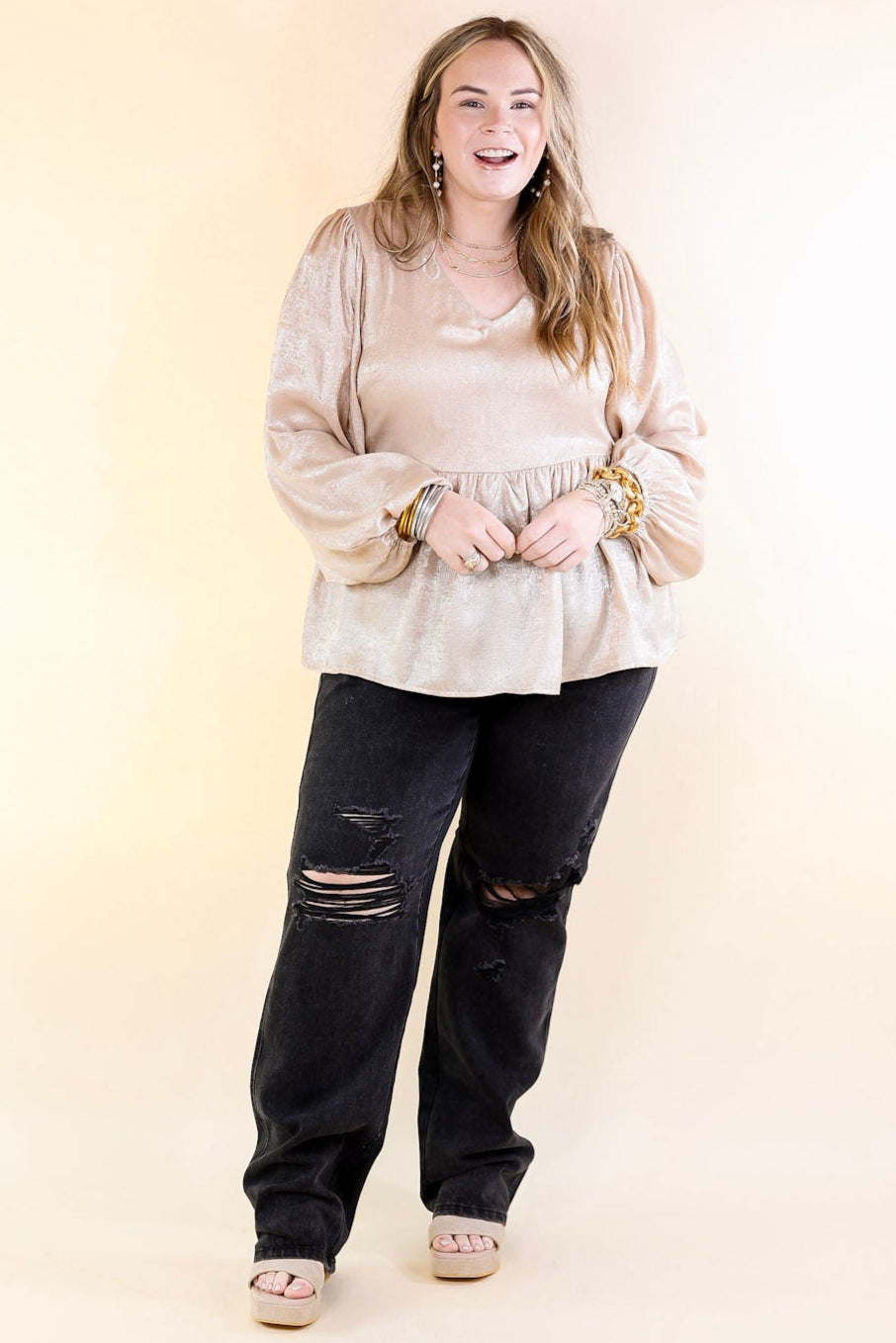 Popular Opinion Metallic V Neck Peplum Top with Long Sleeves in Champagne