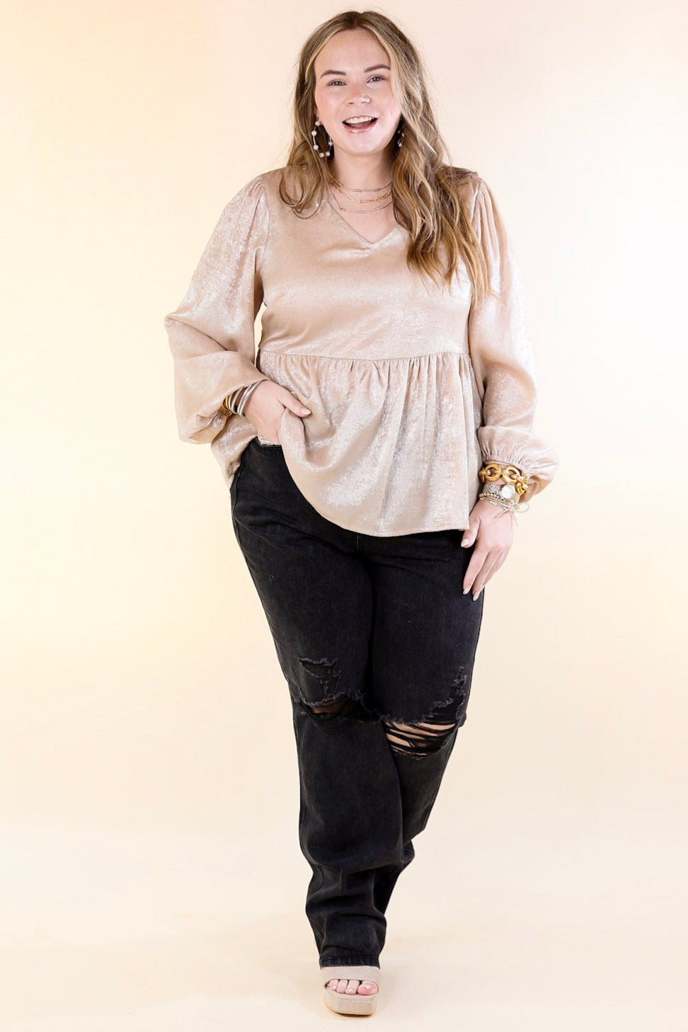 Popular Opinion Metallic V Neck Peplum Top with Long Sleeves in Champagne