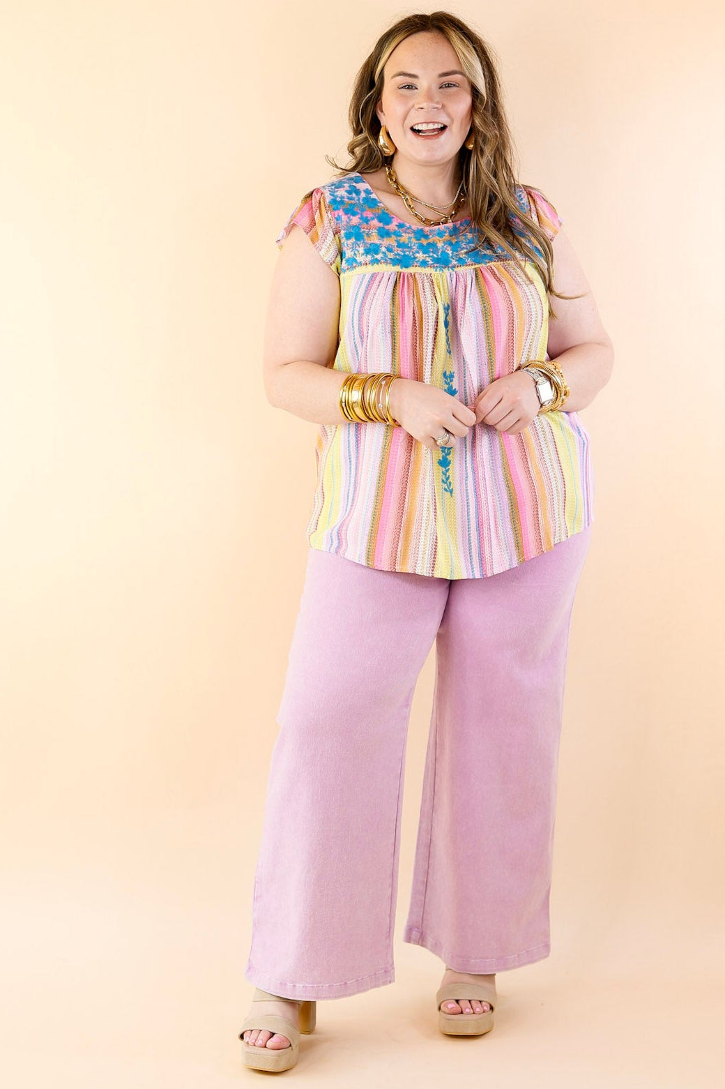Grab My Hand Serape Ruffle Cap Sleeve Top with Floral Embroidery in Pink Mix - Giddy Up Glamour Boutique
