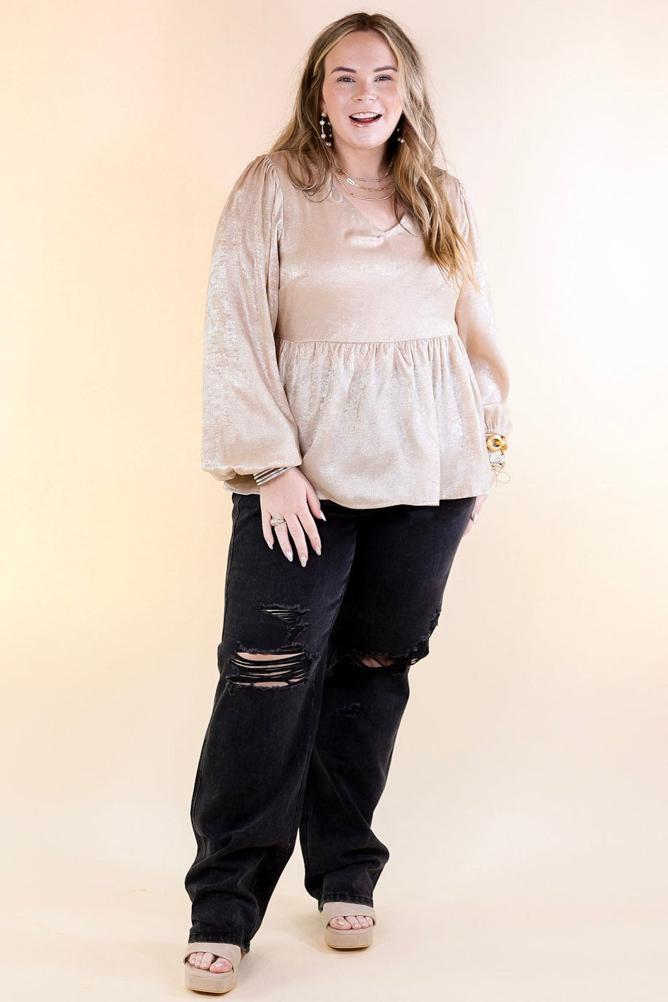 Popular Opinion Metallic V Neck Peplum Top with Long Sleeves in Champagne