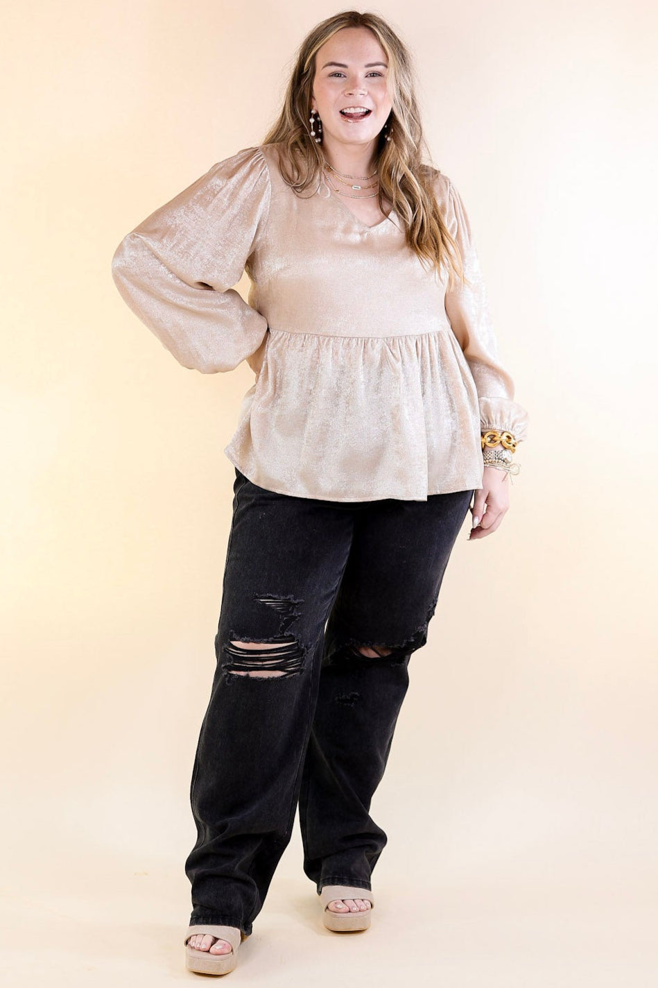 Popular Opinion Metallic V Neck Peplum Top with Long Sleeves in Champagne