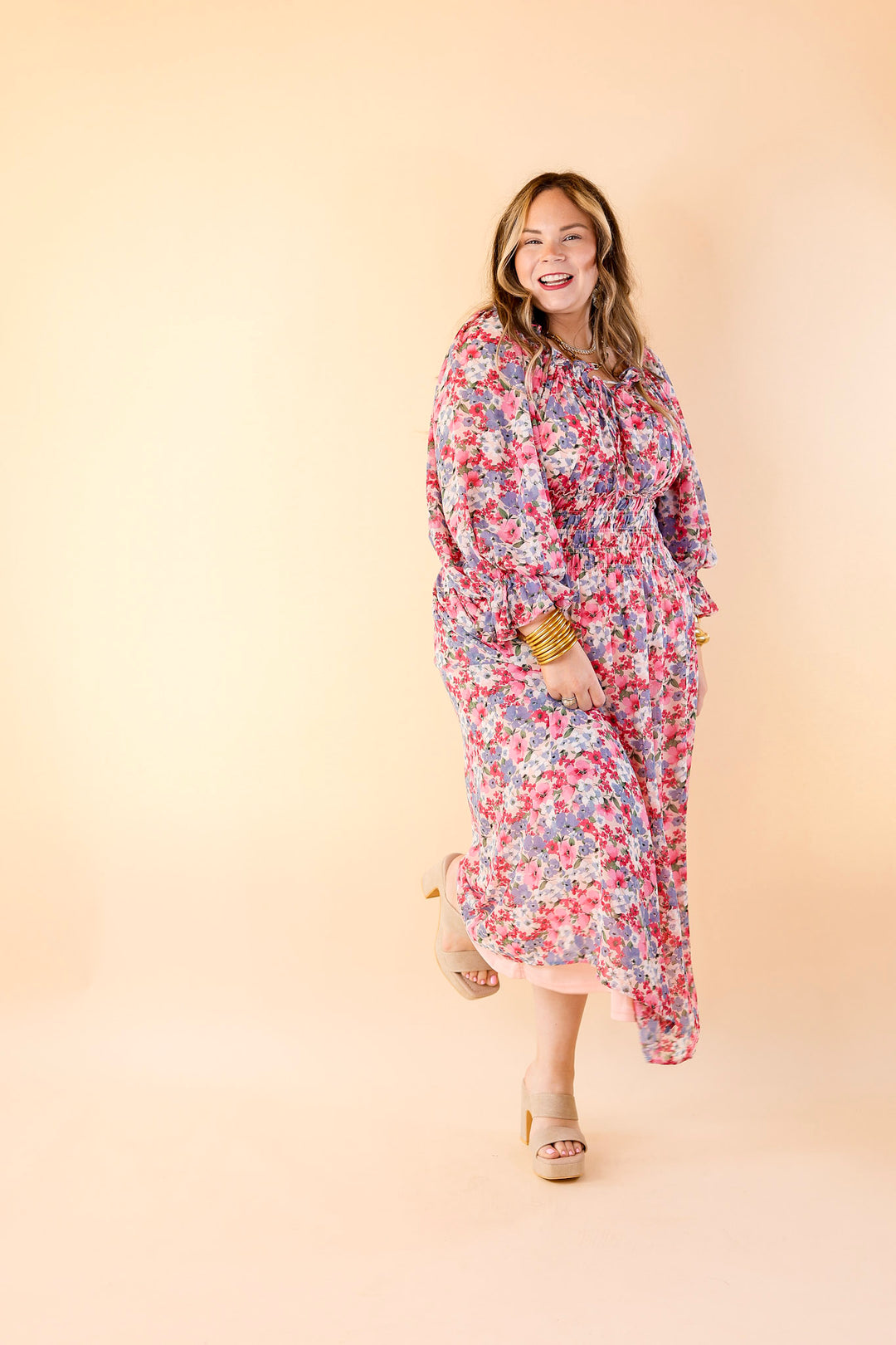 Feeling Floral Smocked Waist Floral Maxi Dress in Pink - Giddy Up Glamour Boutique