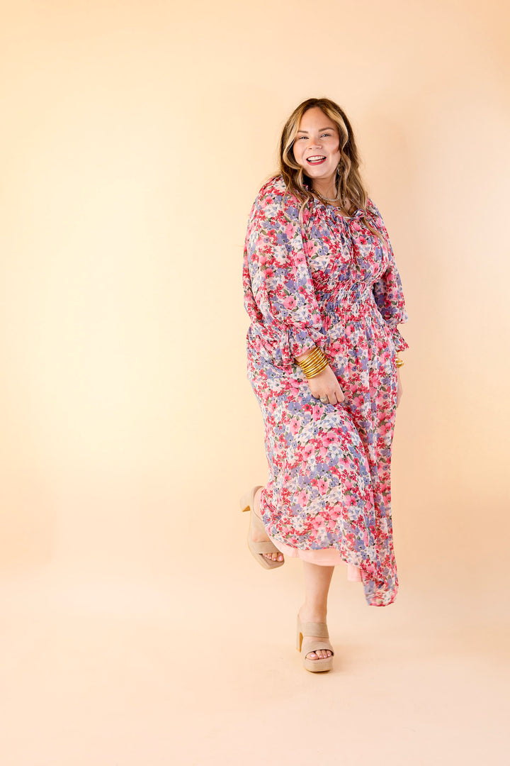 Feeling Floral Smocked Waist Floral Maxi Dress in Pink - Giddy Up Glamour Boutique