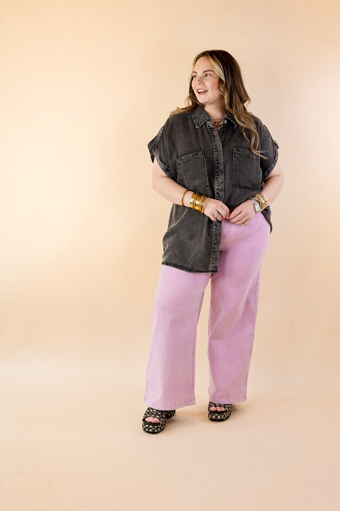 Fast Forward Denim Hidden Button Up Top with Short Sleeves in Black - Giddy Up Glamour Boutique