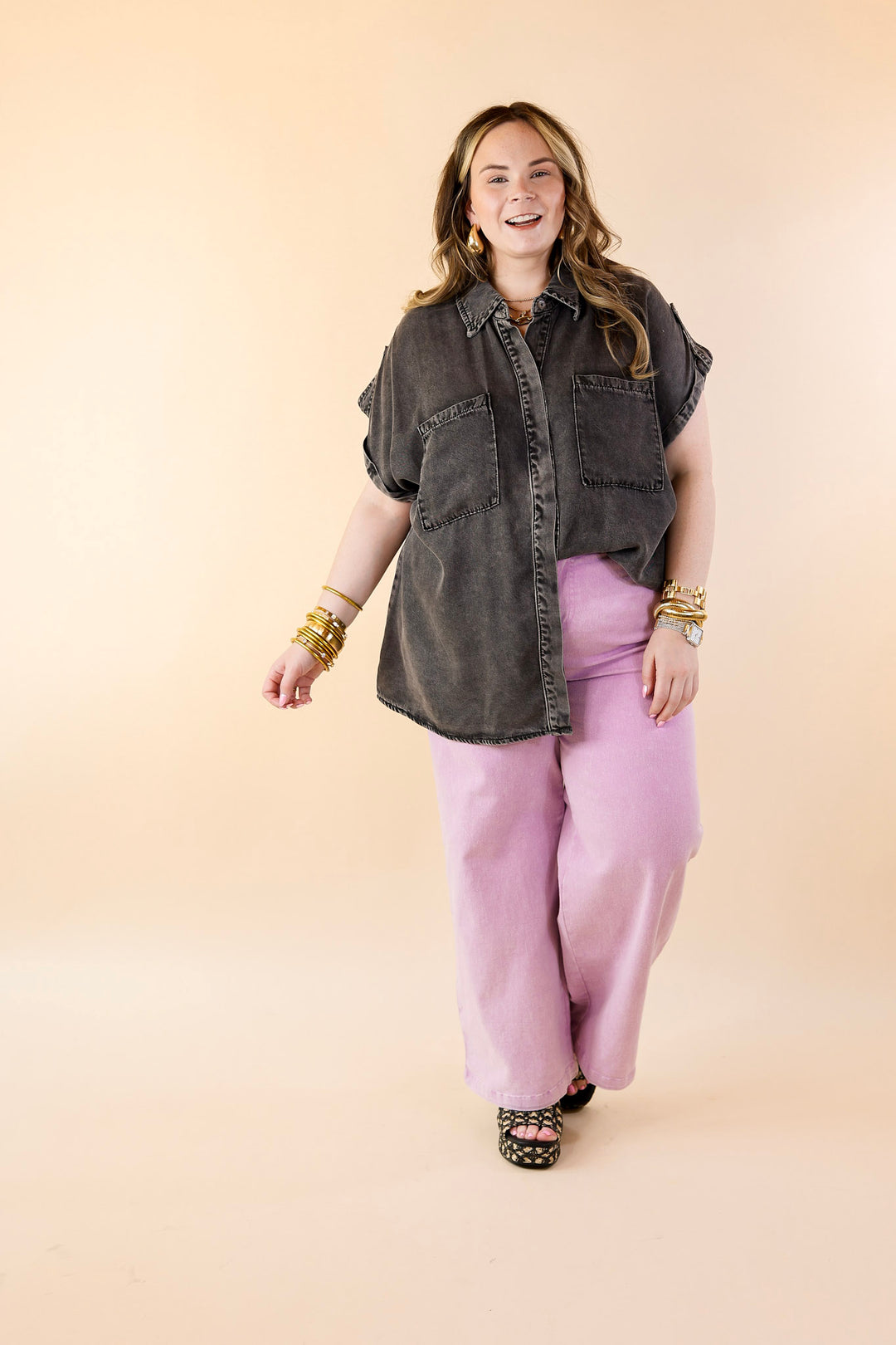 Fast Forward Denim Hidden Button Up Top with Short Sleeves in Black - Giddy Up Glamour Boutique