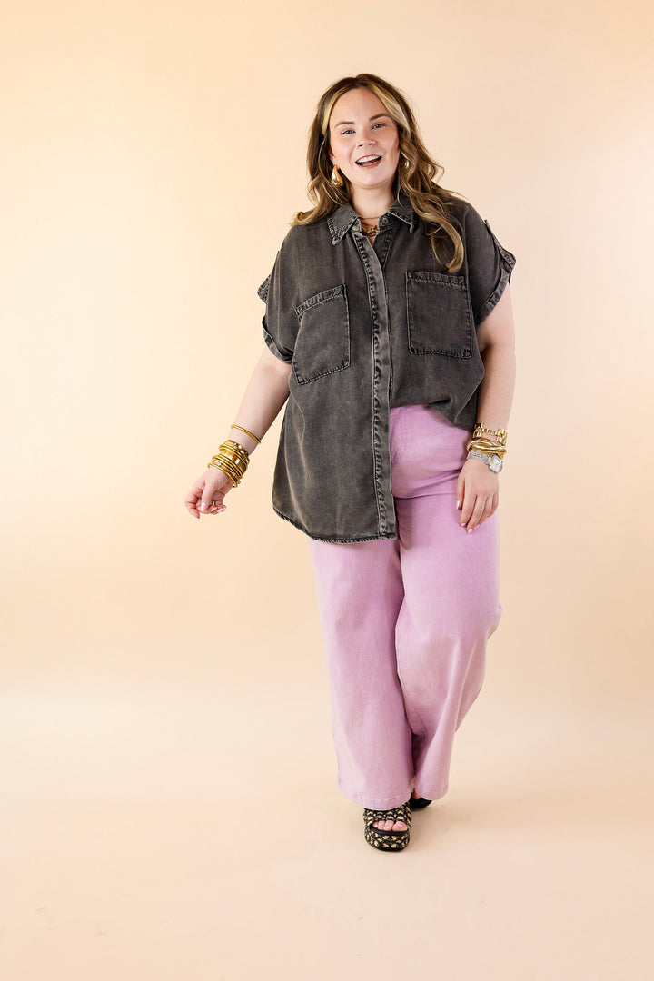 Fast Forward Denim Hidden Button Up Top with Short Sleeves in Black - Giddy Up Glamour Boutique