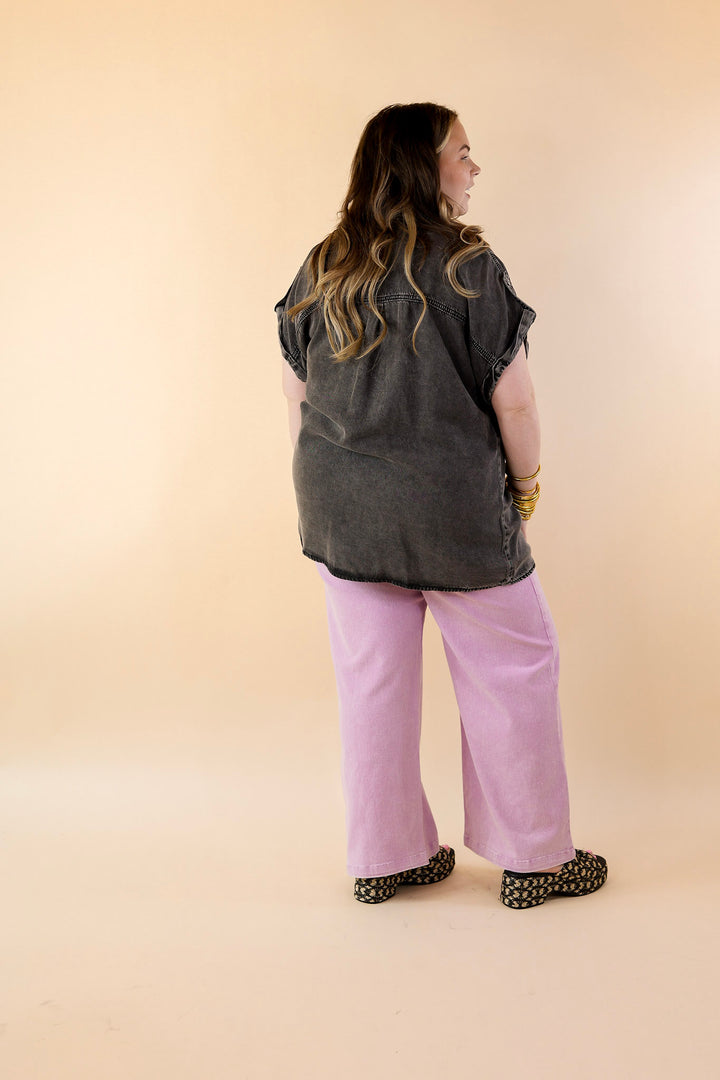 Fast Forward Denim Hidden Button Up Top with Short Sleeves in Black - Giddy Up Glamour Boutique
