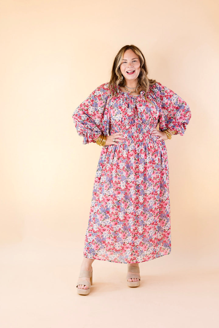 Feeling Floral Smocked Waist Floral Maxi Dress in Pink - Giddy Up Glamour Boutique