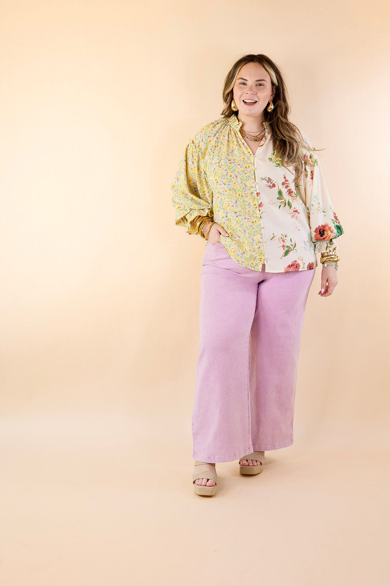 Tulip Time Floral Mix Print Button Up Blouse in Yellow - Giddy Up Glamour Boutique