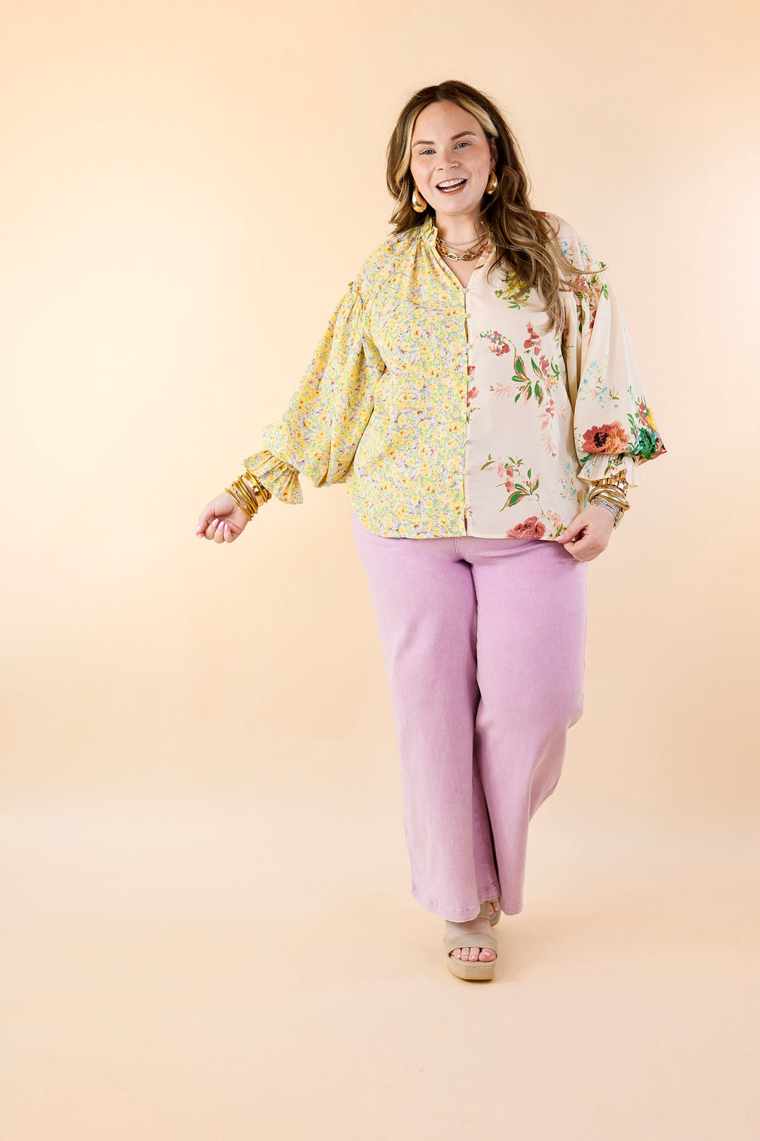 Tulip Time Floral Mix Print Button Up Blouse in Yellow - Giddy Up Glamour Boutique