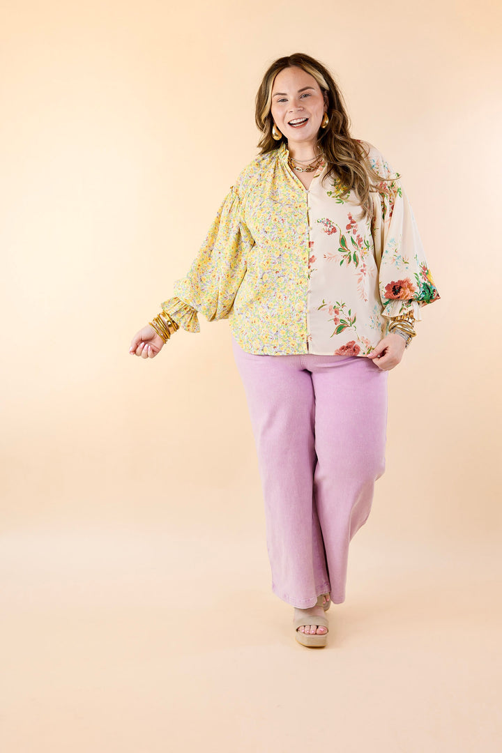 Tulip Time Floral Mix Print Button Up Blouse in Yellow - Giddy Up Glamour Boutique
