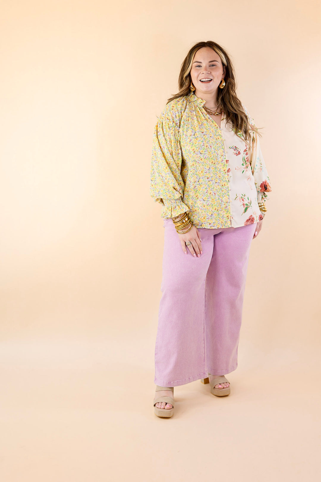 Tulip Time Floral Mix Print Button Up Blouse in Yellow - Giddy Up Glamour Boutique