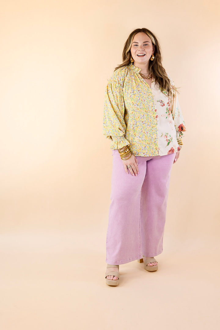 Tulip Time Floral Mix Print Button Up Blouse in Yellow - Giddy Up Glamour Boutique