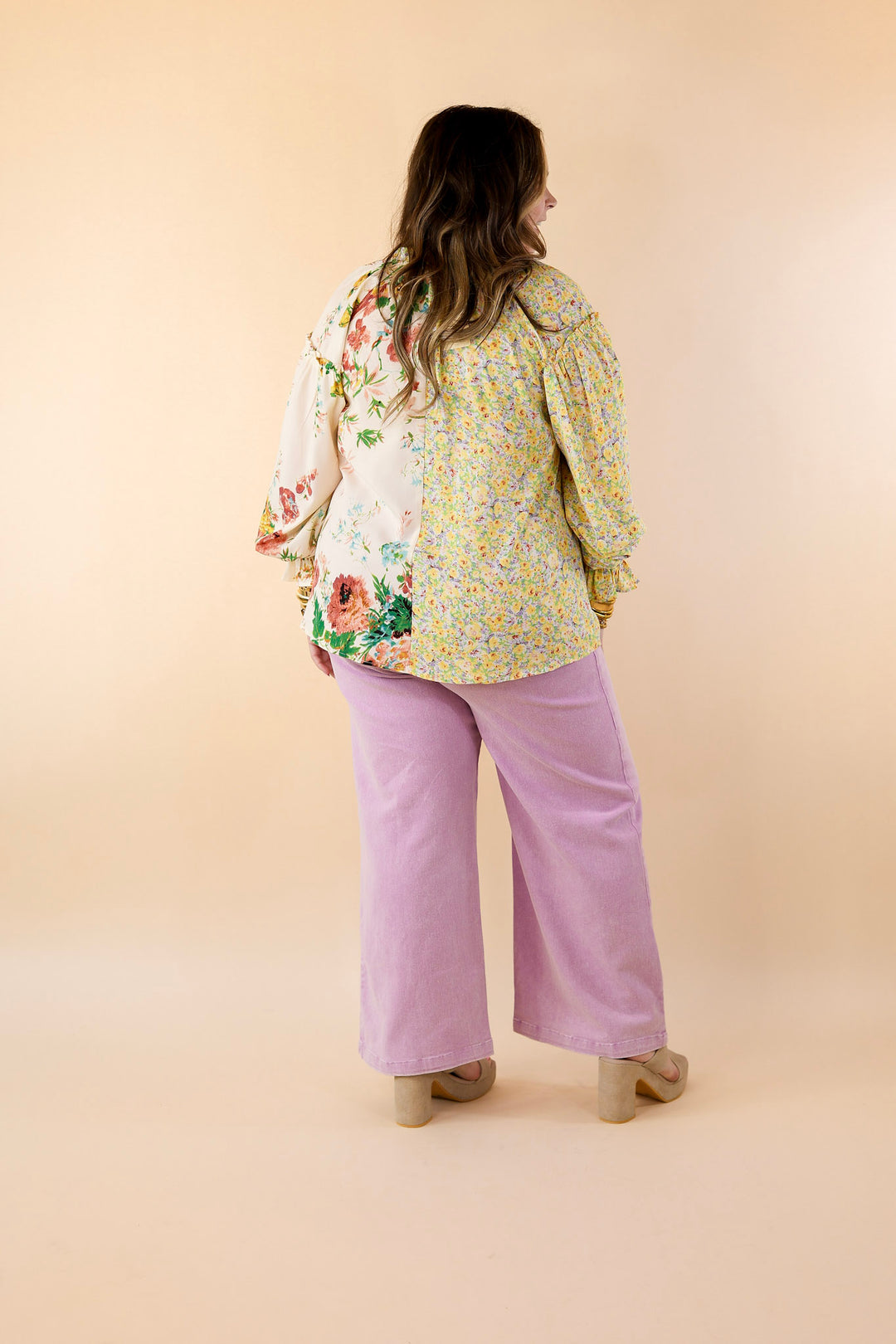 Tulip Time Floral Mix Print Button Up Blouse in Yellow - Giddy Up Glamour Boutique