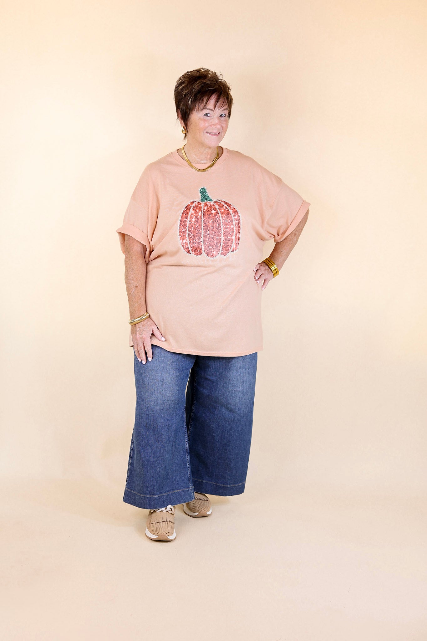 Sparkly Pumpkin Short Sleeve Faux Sequin Graphic Tee in Dusty Coral Orange