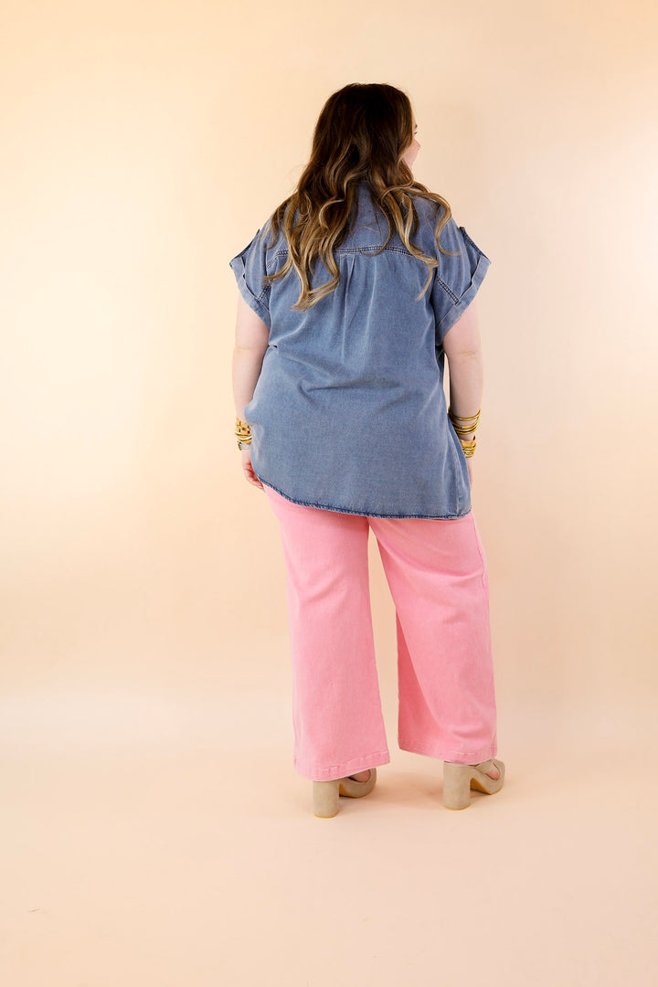 Fast Forward Denim Hidden Button Up Top with Short Sleeves in Medium Wash - Giddy Up Glamour Boutique