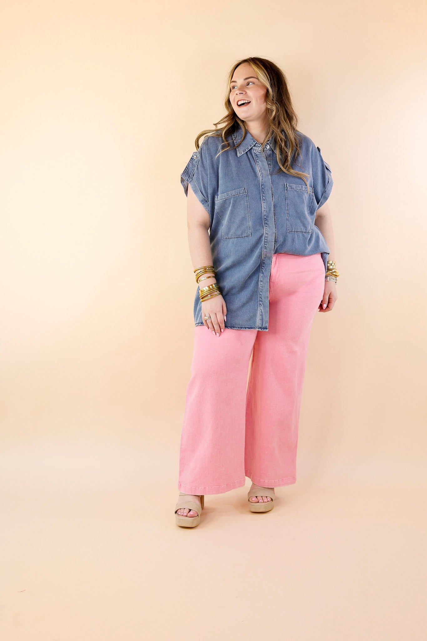 Fast Forward Denim Hidden Button Up Top with Short Sleeves in Medium Wash - Giddy Up Glamour Boutique