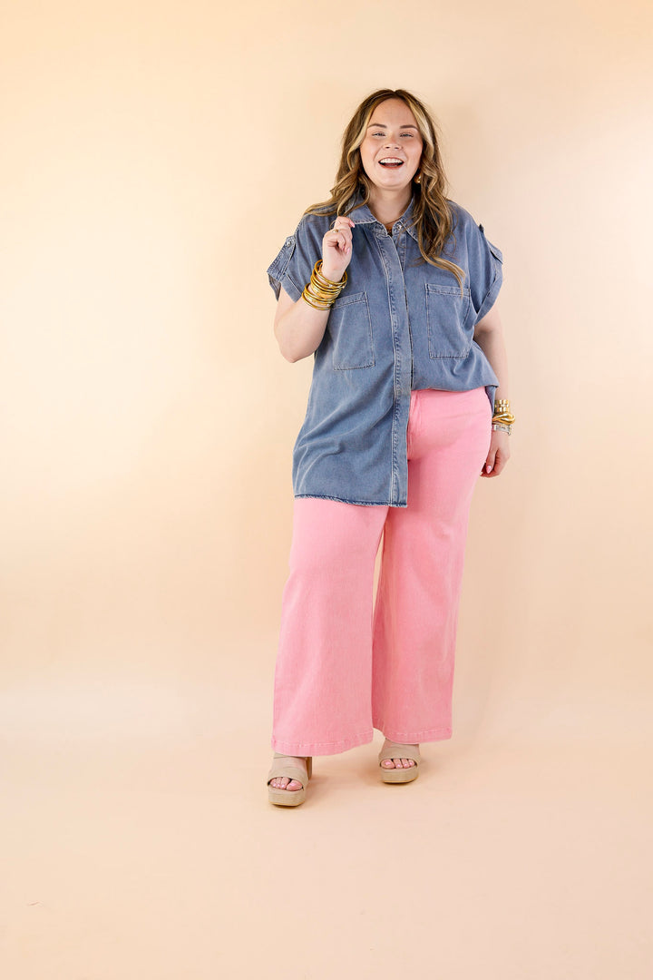 Fast Forward Denim Hidden Button Up Top with Short Sleeves in Medium Wash - Giddy Up Glamour Boutique