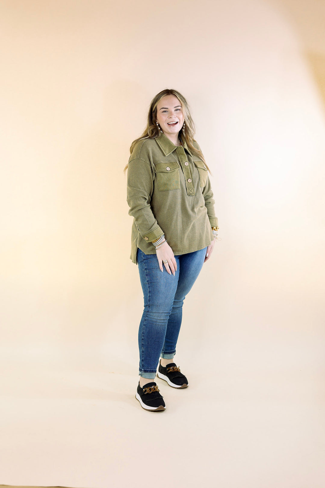 Cozy Welcome Waffle Knit Collared Top with Long Sleeves in Olive Green