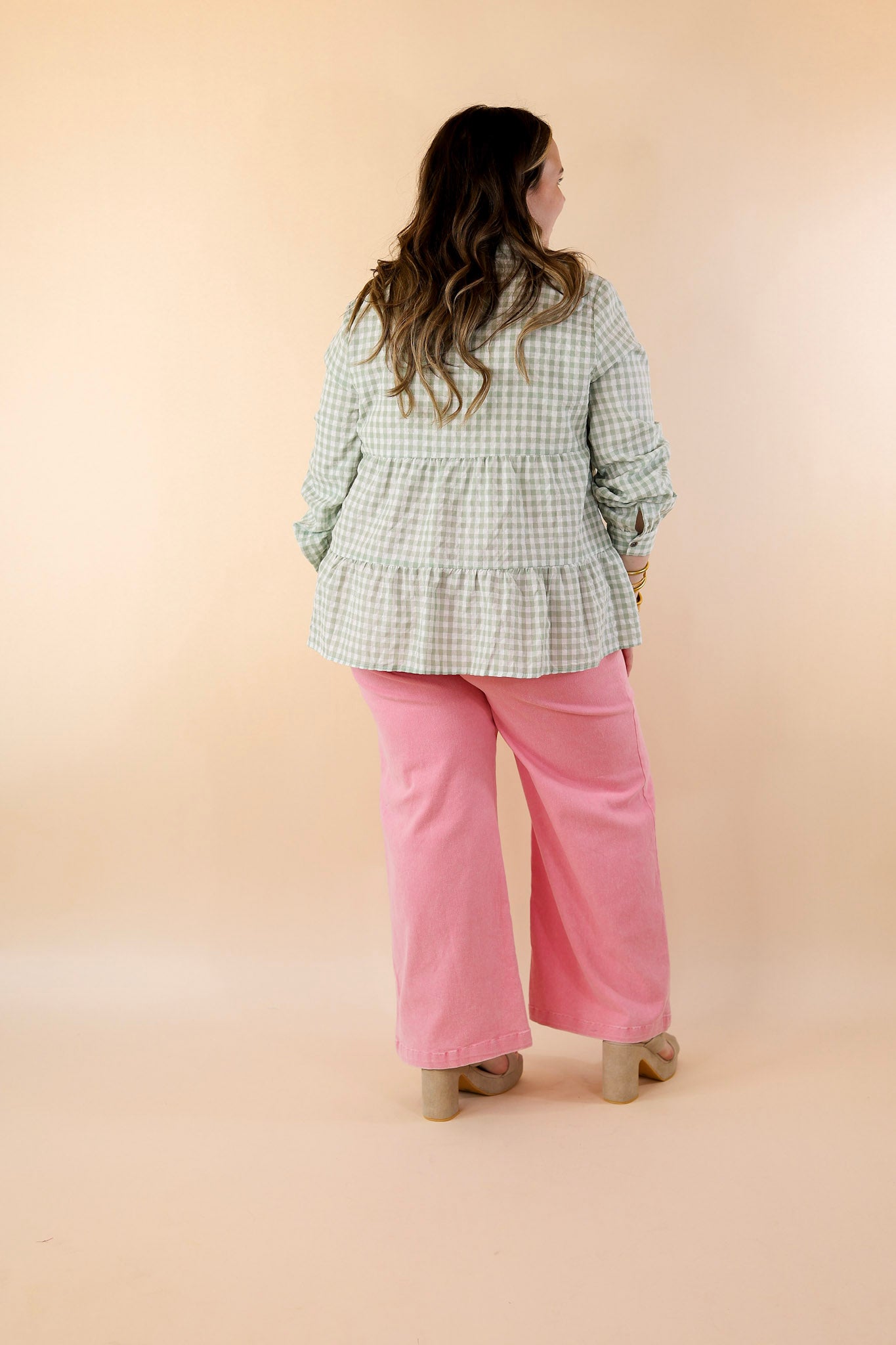 Wonderful Wishes Button Up Gingham Top with Long Sleeves in Sage Green - Giddy Up Glamour Boutique
