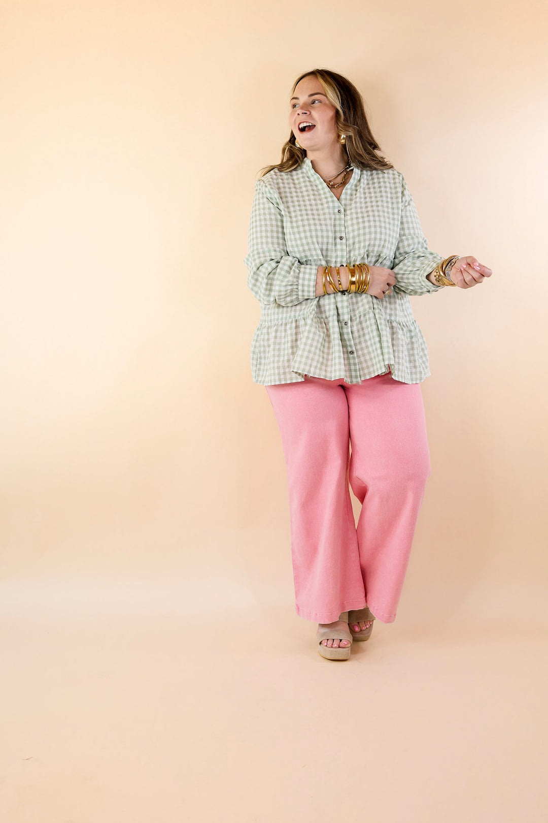 Wonderful Wishes Button Up Gingham Top with Long Sleeves in Sage Green - Giddy Up Glamour Boutique