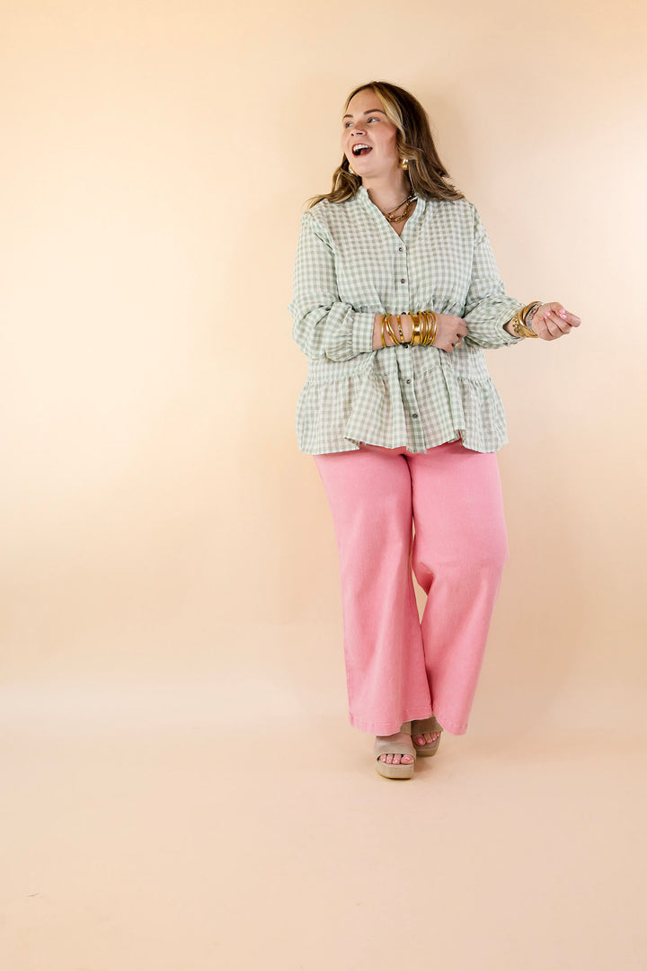 Wonderful Wishes Button Up Gingham Top with Long Sleeves in Sage Green - Giddy Up Glamour Boutique