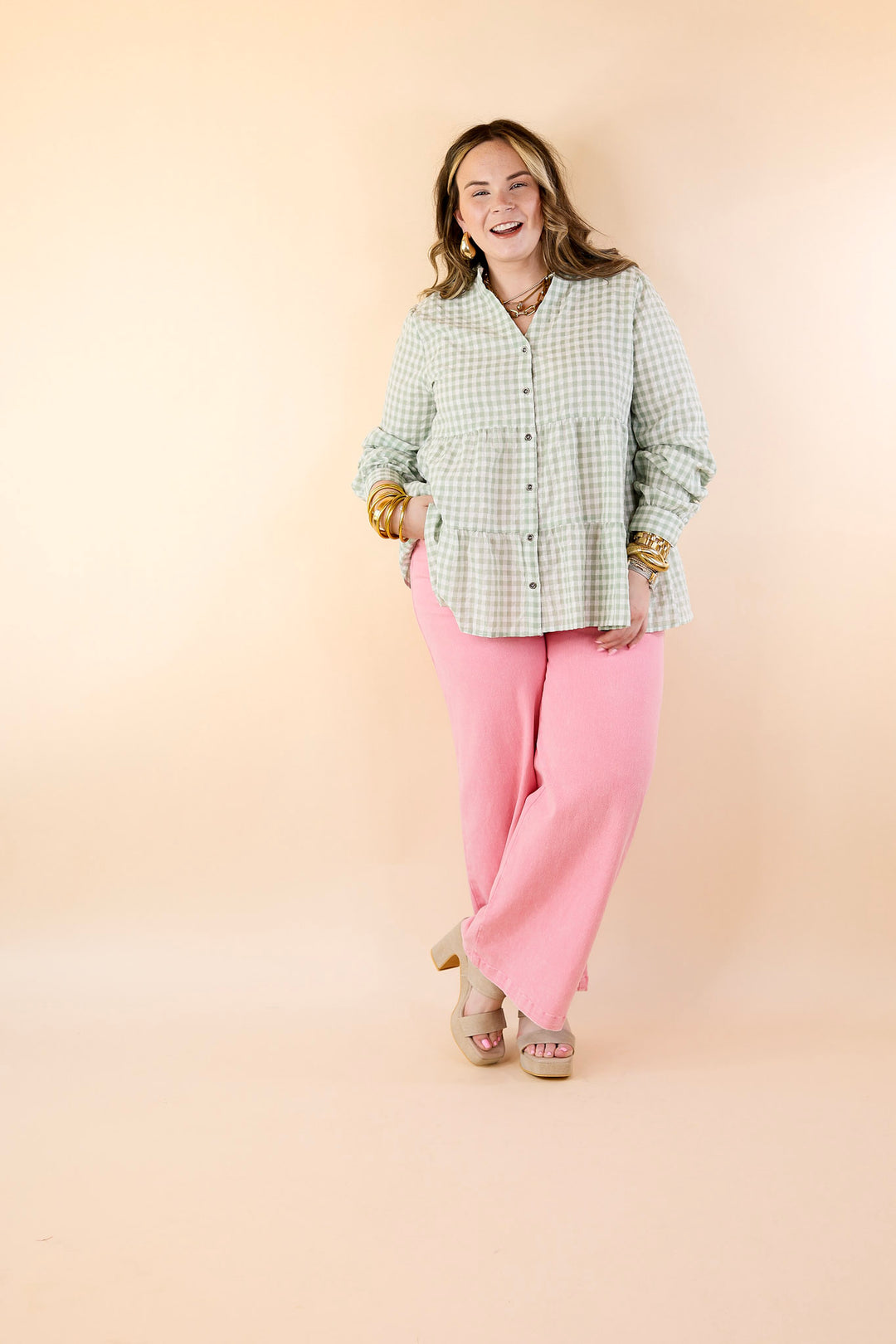 Wonderful Wishes Button Up Gingham Top with Long Sleeves in Sage Green - Giddy Up Glamour Boutique