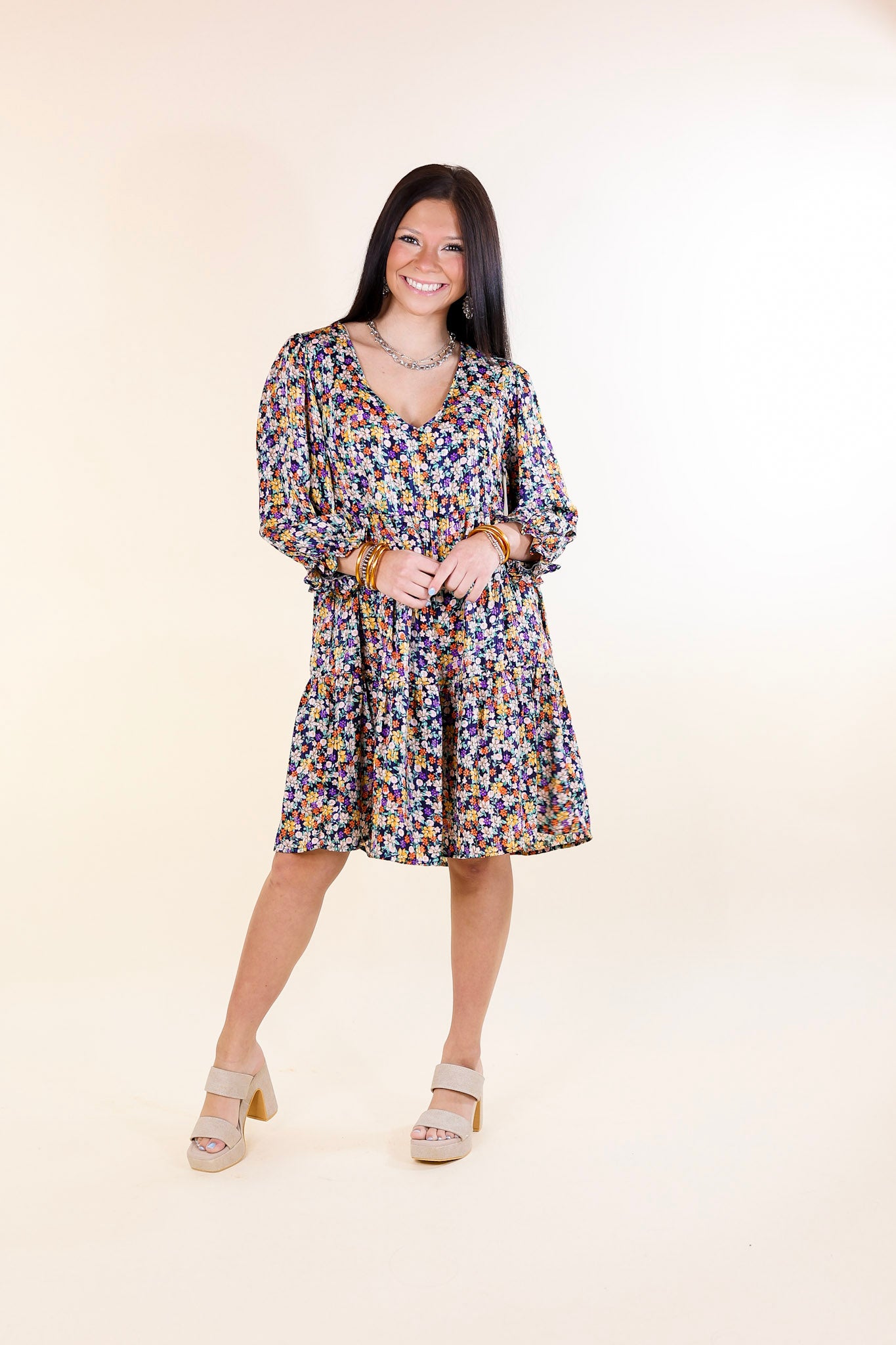 Pretty Personality Tiered Floral Dress in Navy Blue