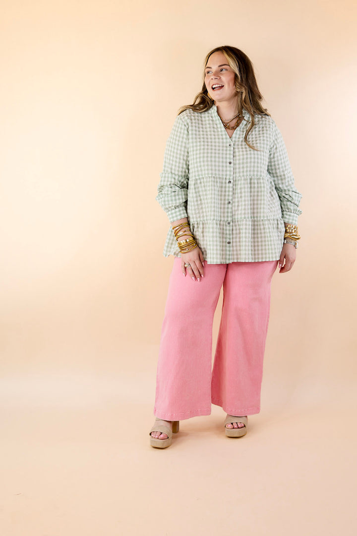 Wonderful Wishes Button Up Gingham Top with Long Sleeves in Sage Green - Giddy Up Glamour Boutique