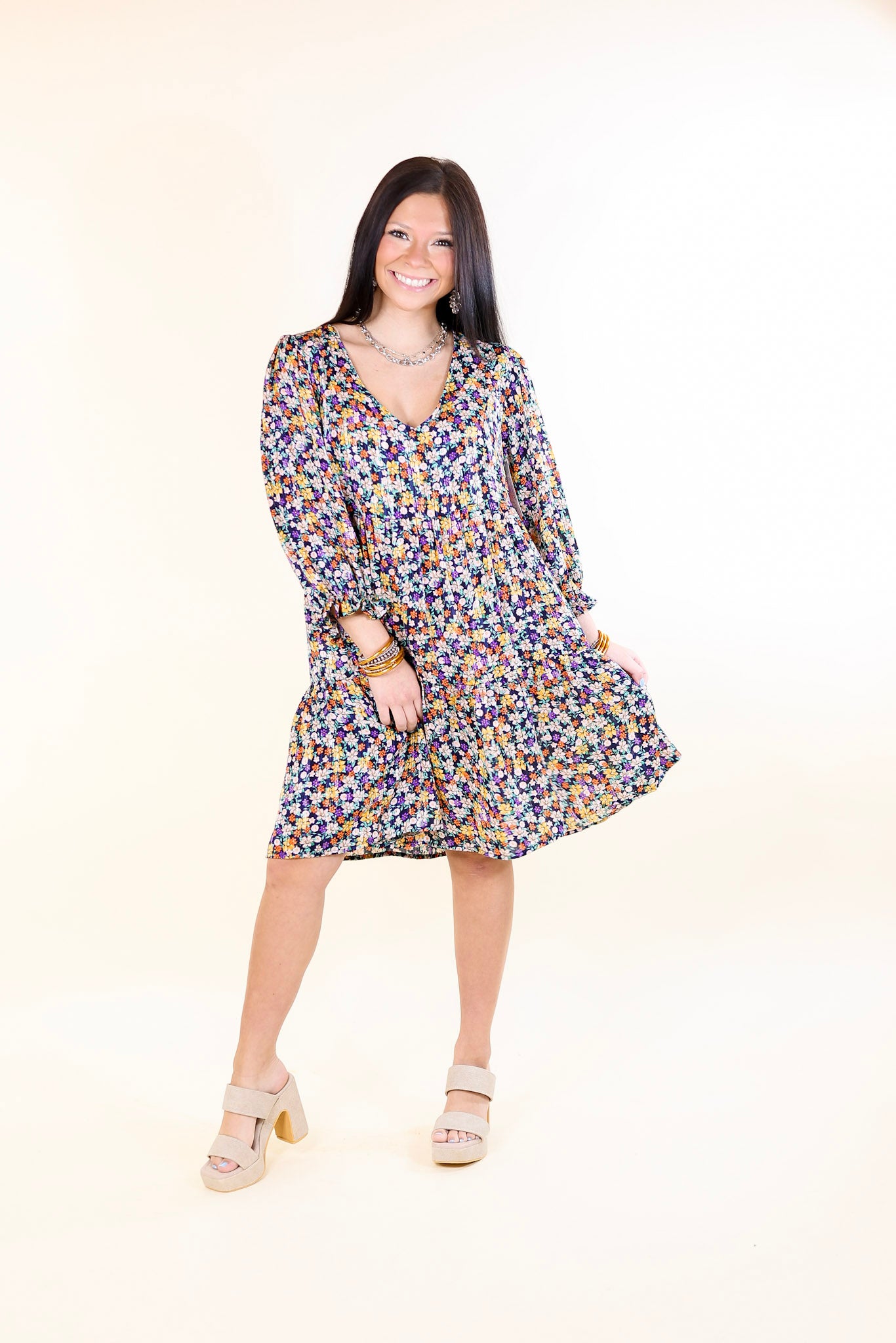 Pretty Personality Tiered Floral Dress in Navy Blue