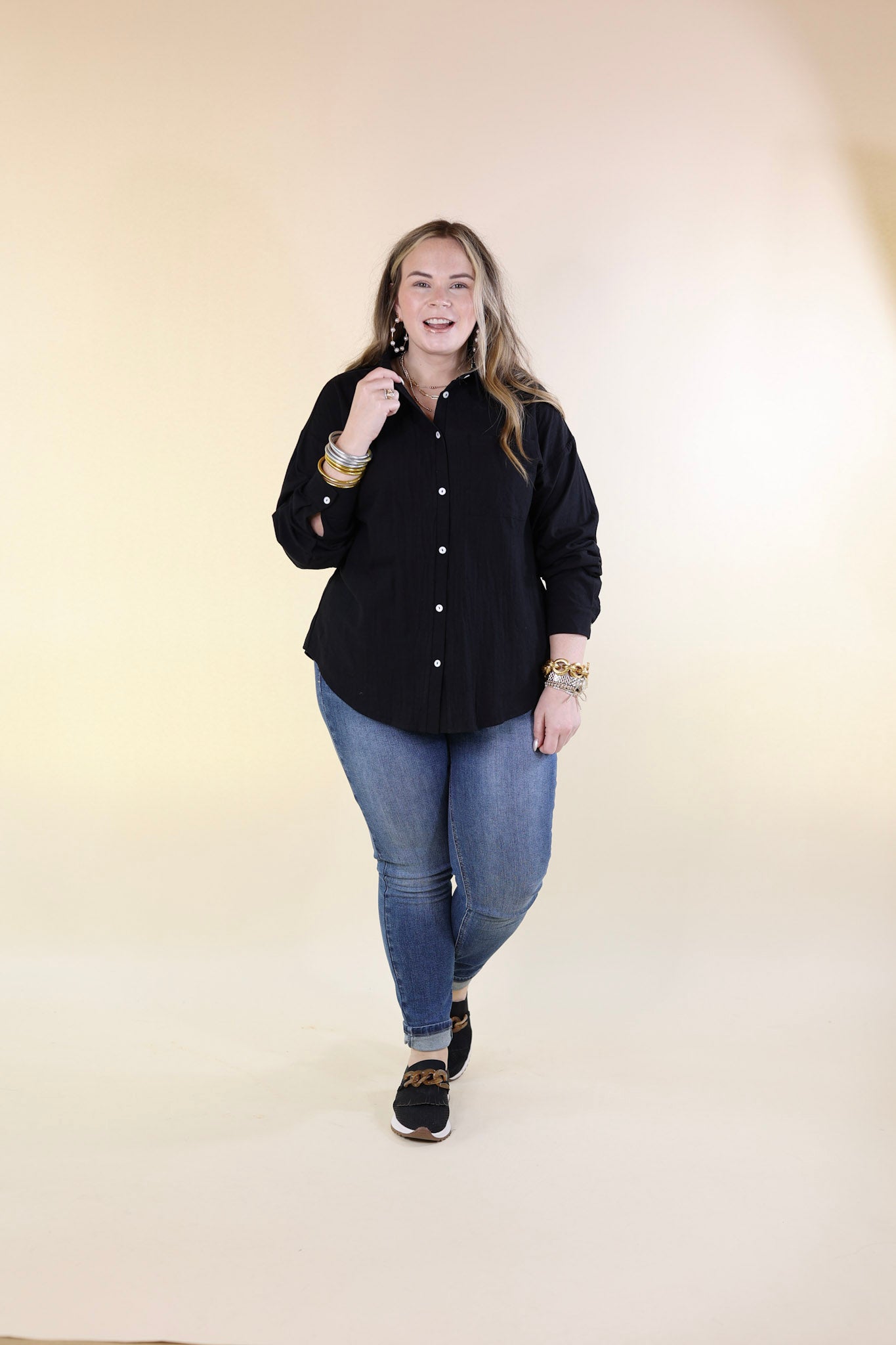 Don't Let Me Down Button Up Long Sleeve Top in Black