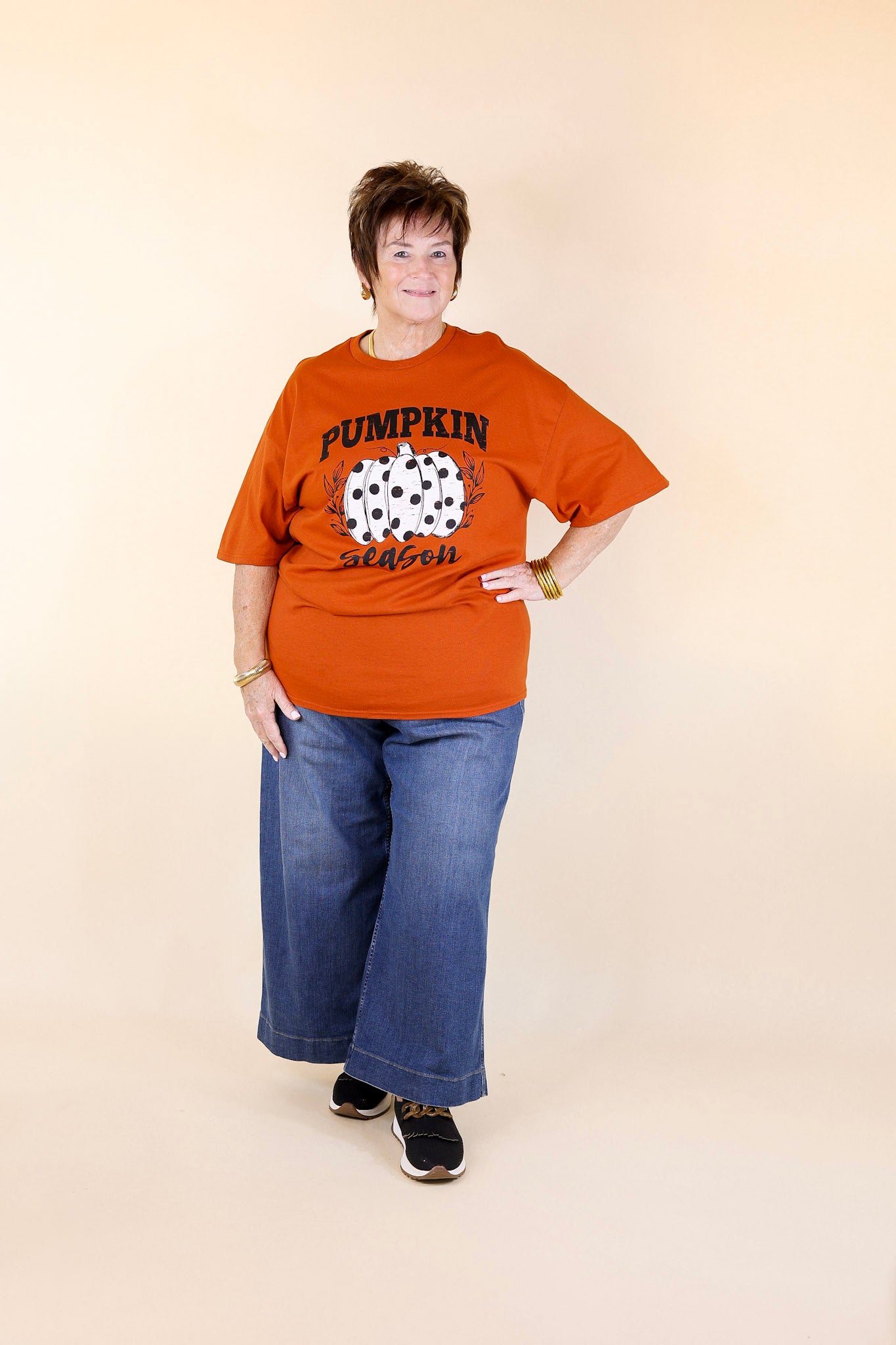 Polka Dot Pumpkin Season Short Sleeve Graphic Tee in Burnt Orange