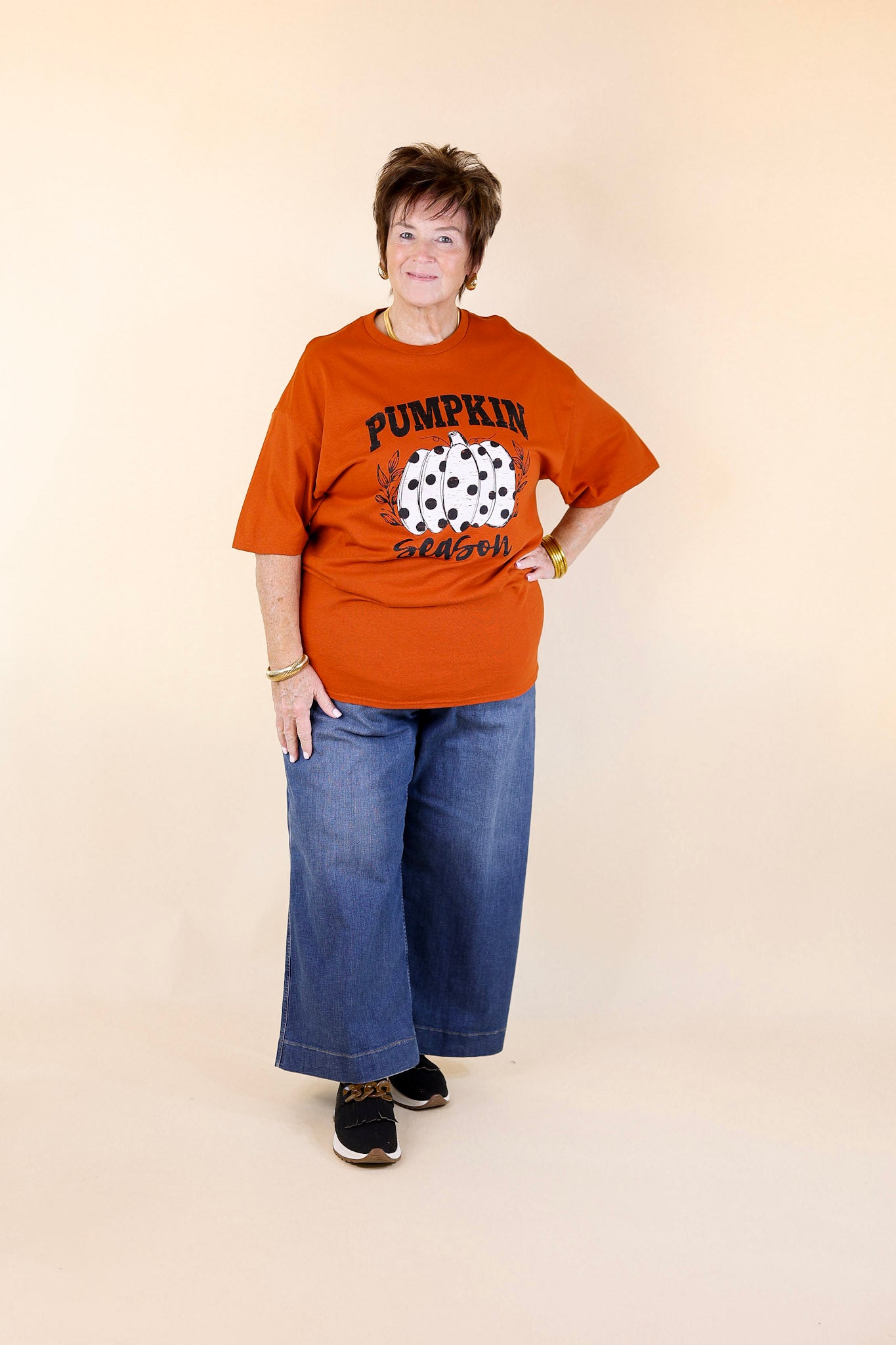 Polka Dot Pumpkin Season Short Sleeve Graphic Tee in Burnt Orange