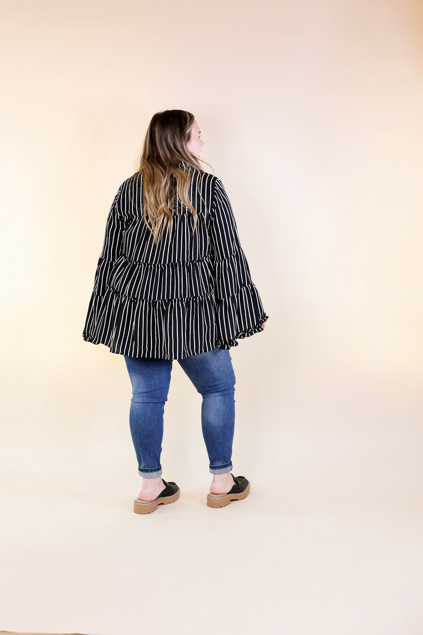 Impressive Touch Striped Bell Sleeve Tiered Blouse in Black