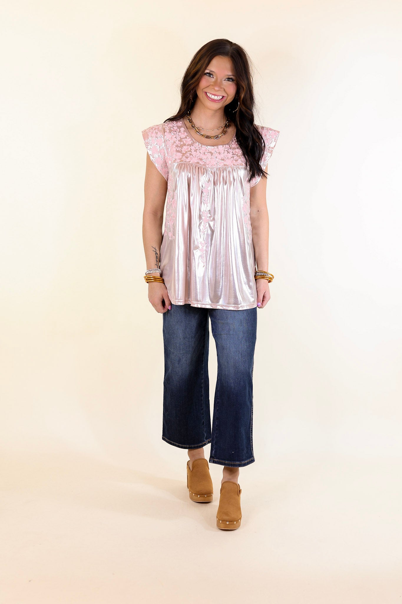 The Thrill Of It Floral Embroidered Metallic Top in Blush Pink