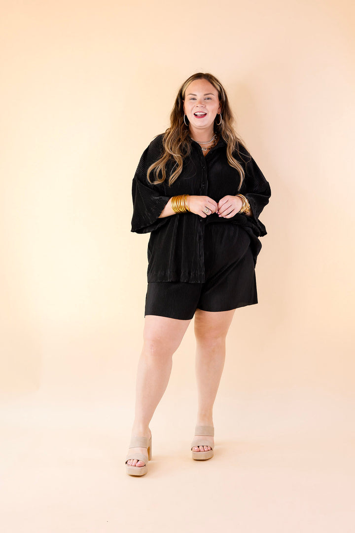 Make Me Dance Plissé Ribbed Button Up Top in Black - Giddy Up Glamour Boutique