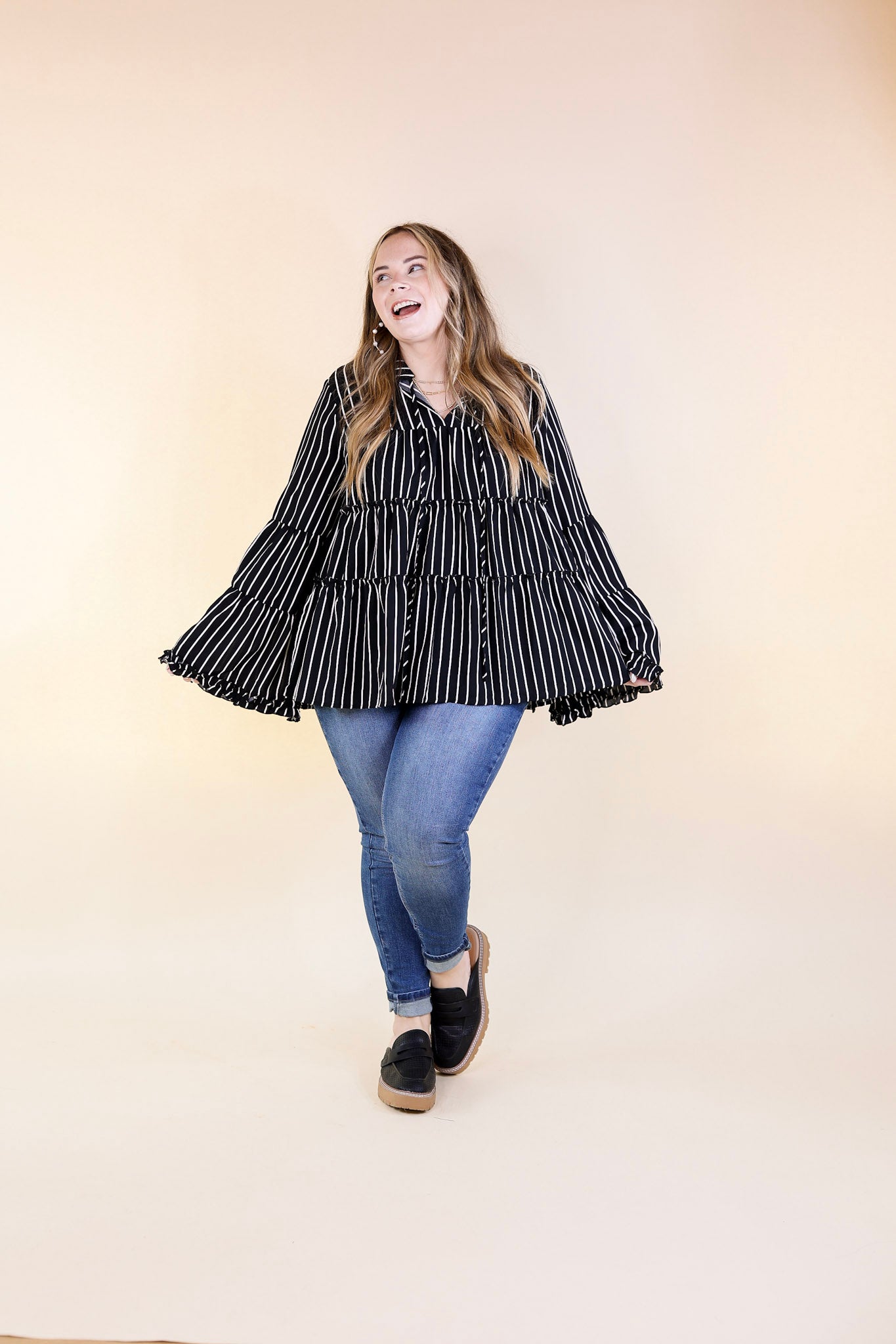 Impressive Touch Striped Bell Sleeve Tiered Blouse in Black